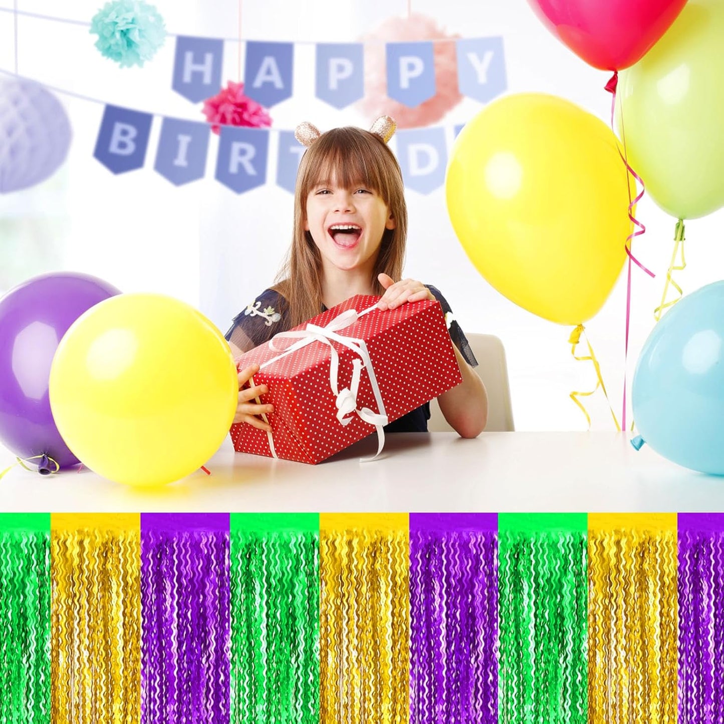 6 Pack 29 x108 Inch Gold Green Purple Wave Foil Fringe Table Skirts Metallic Banner for Tinsel Streamer Garland Backdrop for Parade Floats, Mother's Day, Easter, Wedding, Birthday Party Decoration