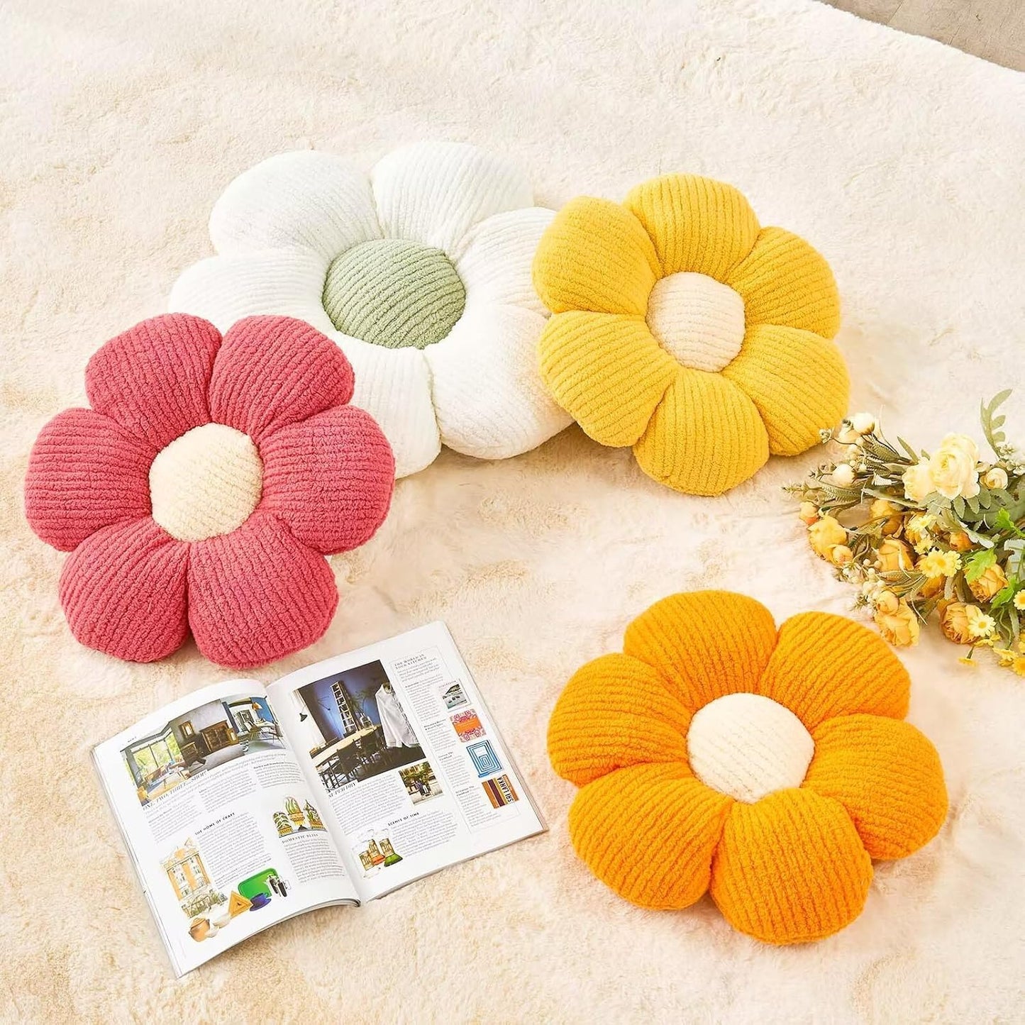 Flower Throw Pillow, Soft Yellow 14.9" Shaped Floor Pillow for Home Decor, Cute Aesthetic Plush Decorative Pillows for Bed, Sofa, Couch