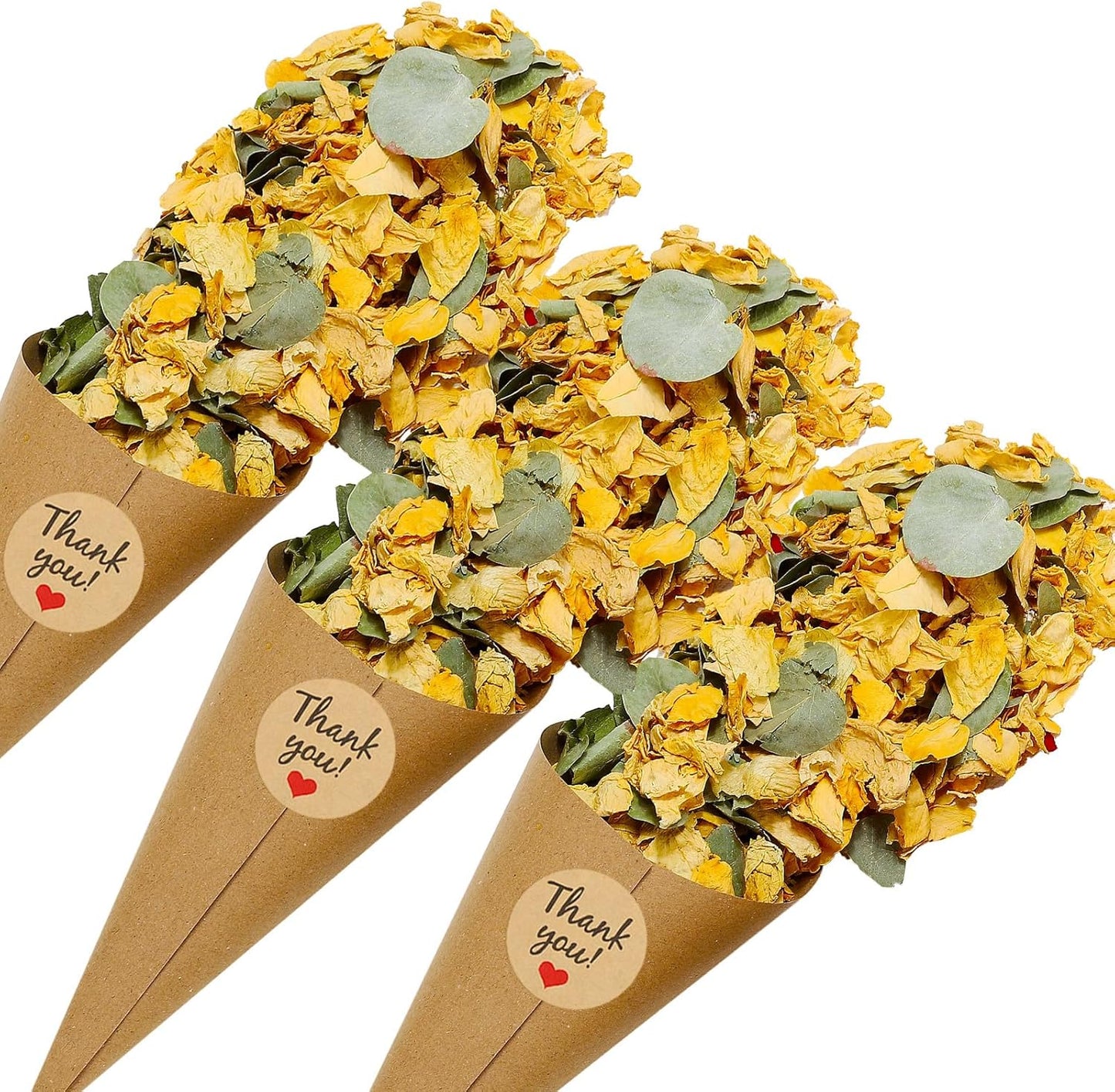 PATIKIL Dried Flower Confetti Cones, 30Pcs Paper Tapers Cone Holder with Dried Rose Petals / Sticker for Wedding Party Engagement Birthday DIY Decoration, Yellow/Green