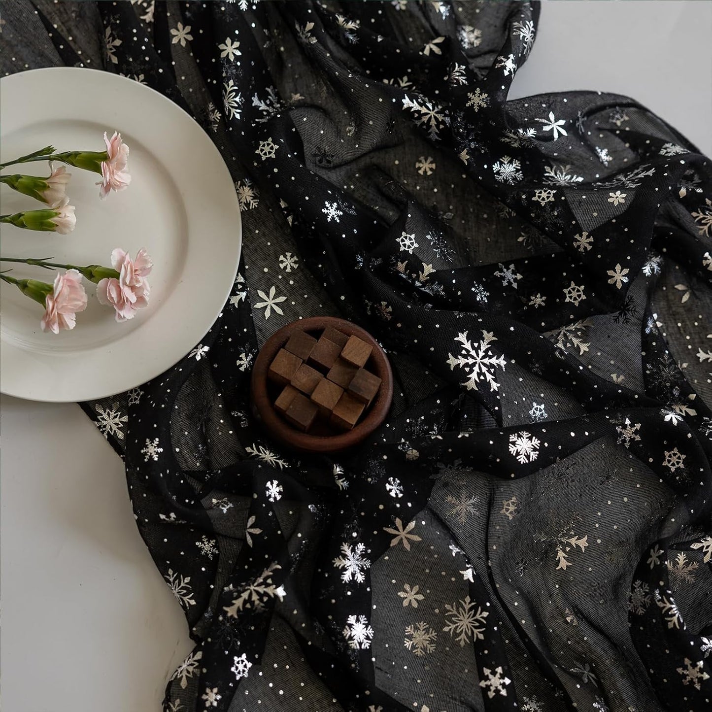 Silvery Snowflake Metallic Print Tulle Christmas Table Runner, Seasonal Winter Kitchen Dining Table Decoration for Home Party Decor 35x120 Inch (Black)