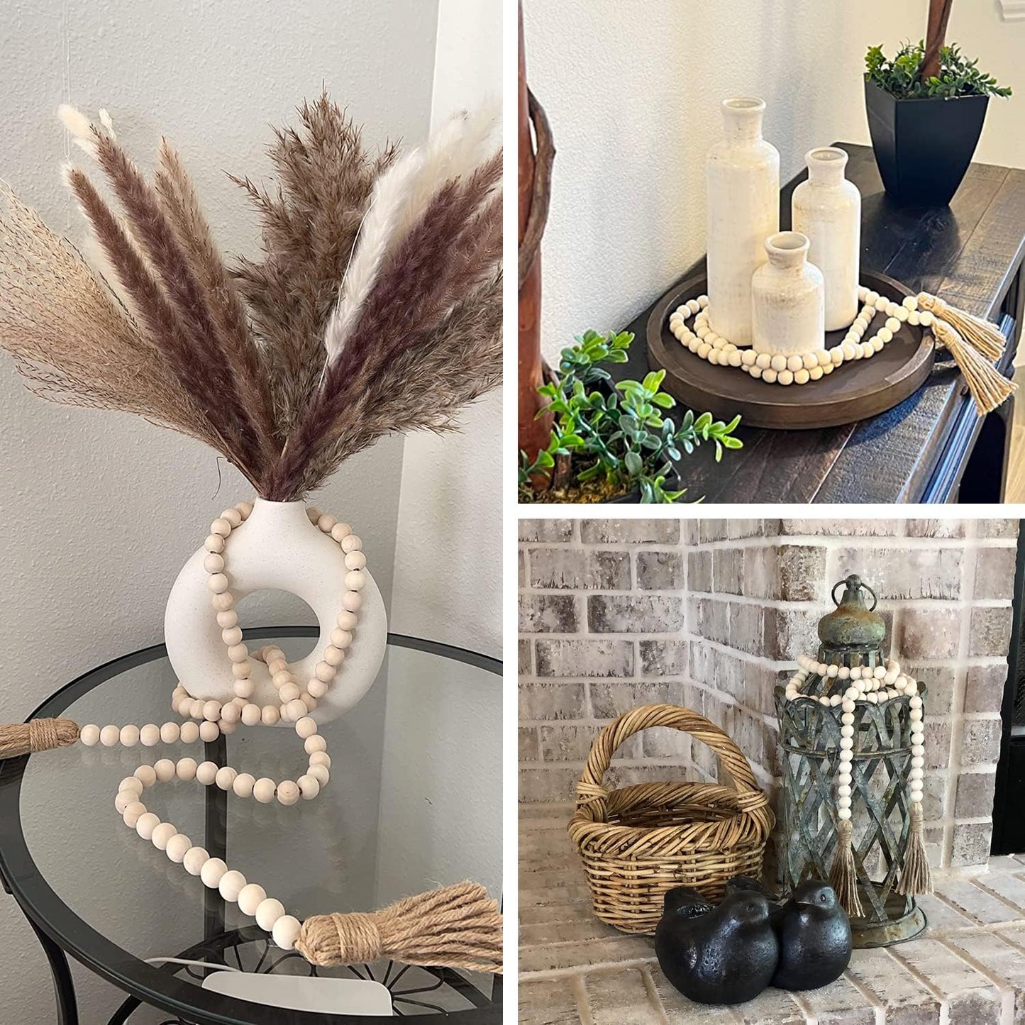 DECORKEY Farmhouse Wood Beads Garland, 2 Pack 58 Inch Wooden Beads for Boho Home Decor with Tassels, Rustic Country Decor for Coffee Table, Wall, Shelf, Tray, Vase, Living Room, Bedroom