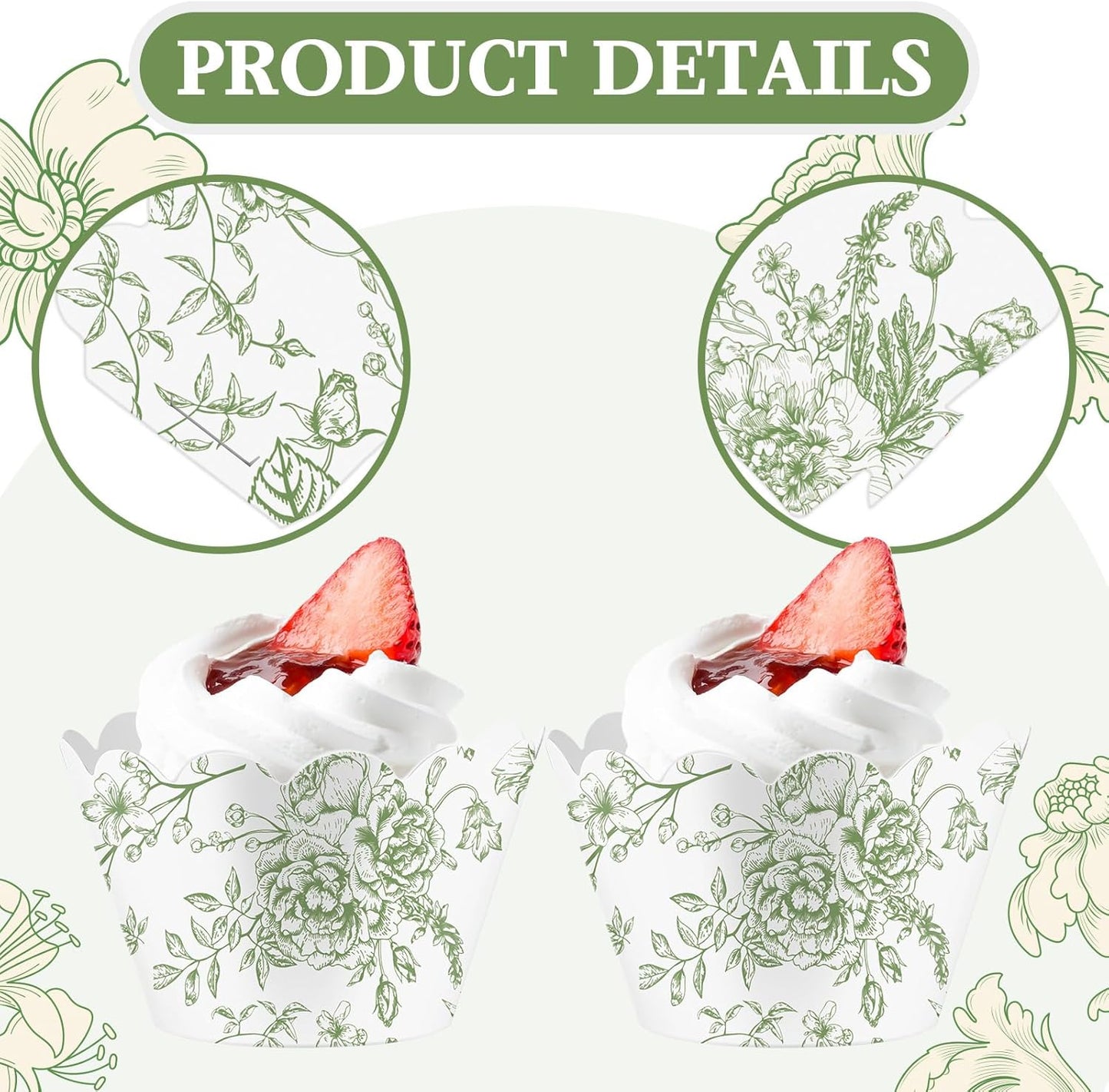 Domensi 100 Pcs Cupcake Wrappers Rustic Cupcake Liners Baking Cups Baking Liners for Wedding Bridal Baby Shower Birthday Party Supplies Dessert Decoration(Green, Floral)