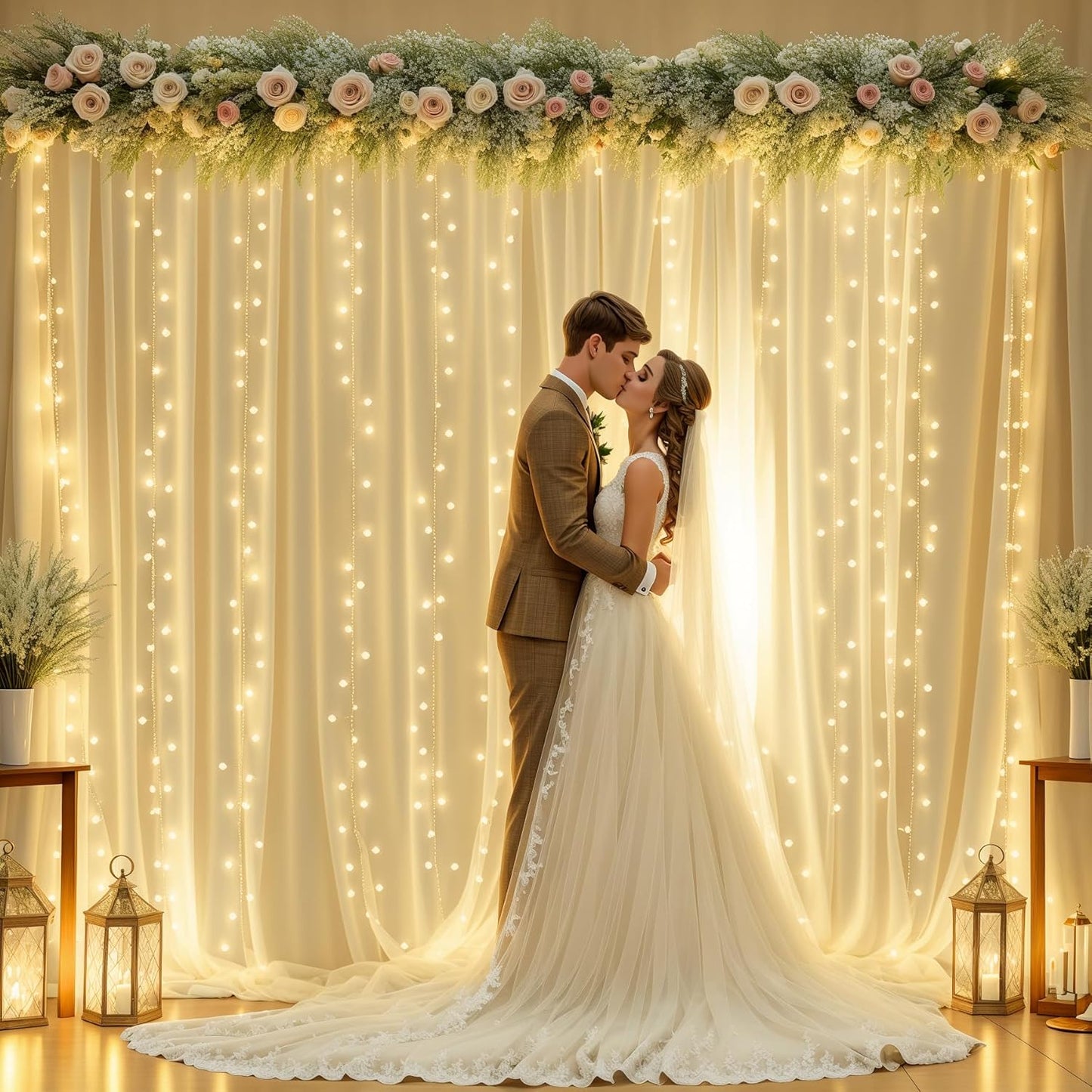 10ft x 10ft Champagne Sheer Tulle Backdrop Curtains with Lights String Wedding Backdrop for Reception Ceremony Birthday Party Baby Shower Photo Booth Background Decoration