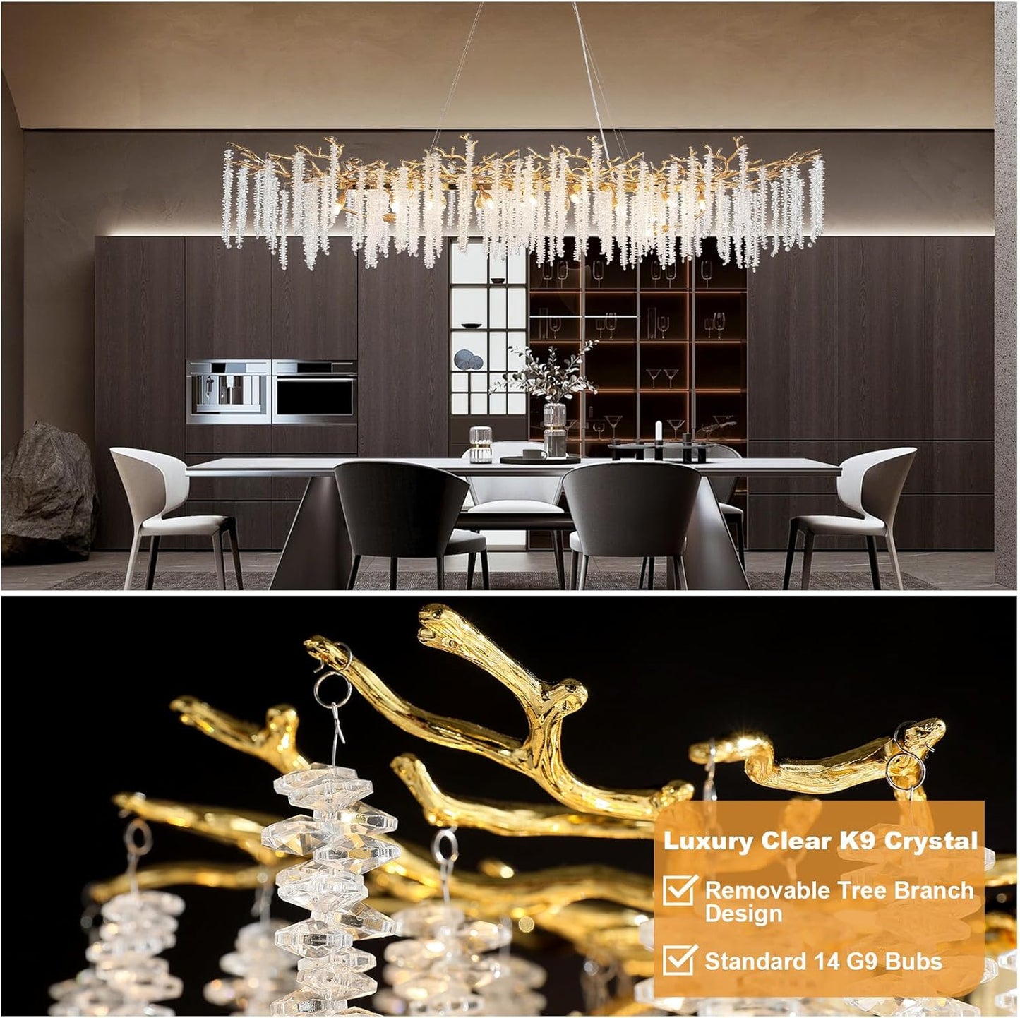 YUYI Modern Crystal Chandelier, 71" Gold Rectangular Chandeliers for Dining Room, Large Tree Branch Chandelier Luxury Ceiling Light Fixture for Living Room, Kitchen Island, Foyer, 5 Year Warranty
