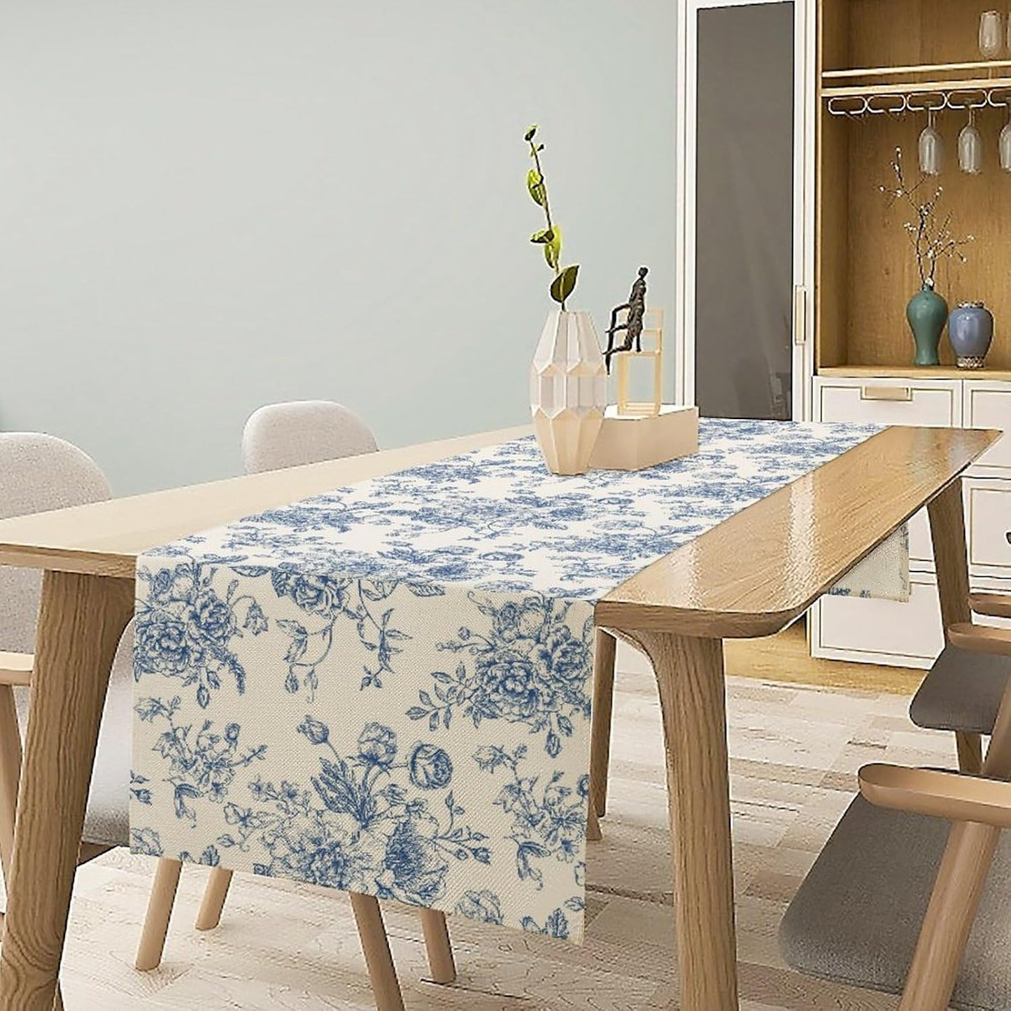 Floral Table Runner, Retro Blue Flower Chinoiserie Sketch Pattern Print Table Runner for Kitchen Dinning Table Runner Decor Home Wedding Party Holiday, 13x60 Inch