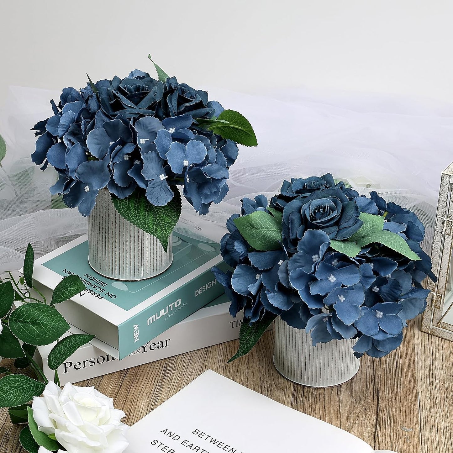 Flower Table Centerpieces - Set of 6 Floral Arrangement Artificial Wedding Hydrangeas Floral Arrangement with Rustic Metal Vase for Bridal Tea Party Event Decorations - Deep Dusty Blue