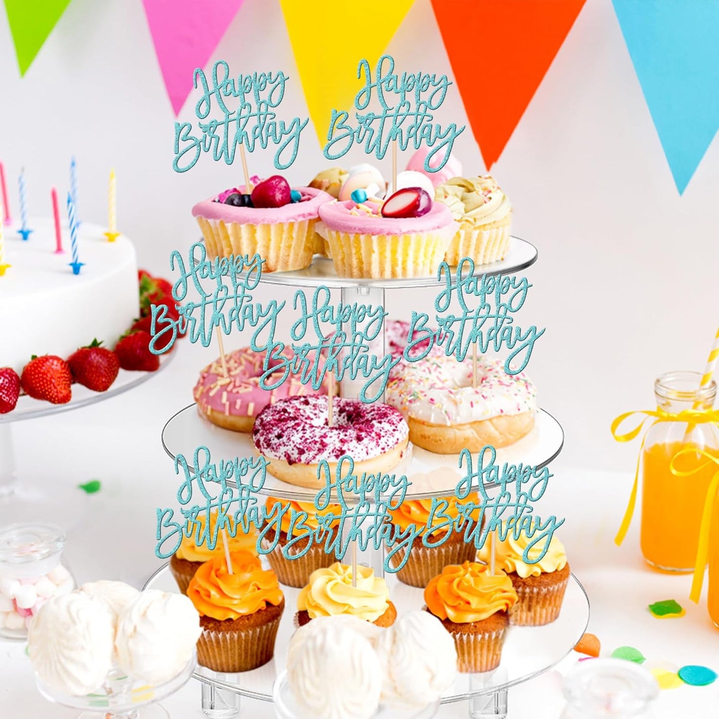 24 PCS Happy Birthday Cupcake Toppers Glitter Picks for Celebrating Anniversary Theme Party Cake Decorations Supplies Light Blue