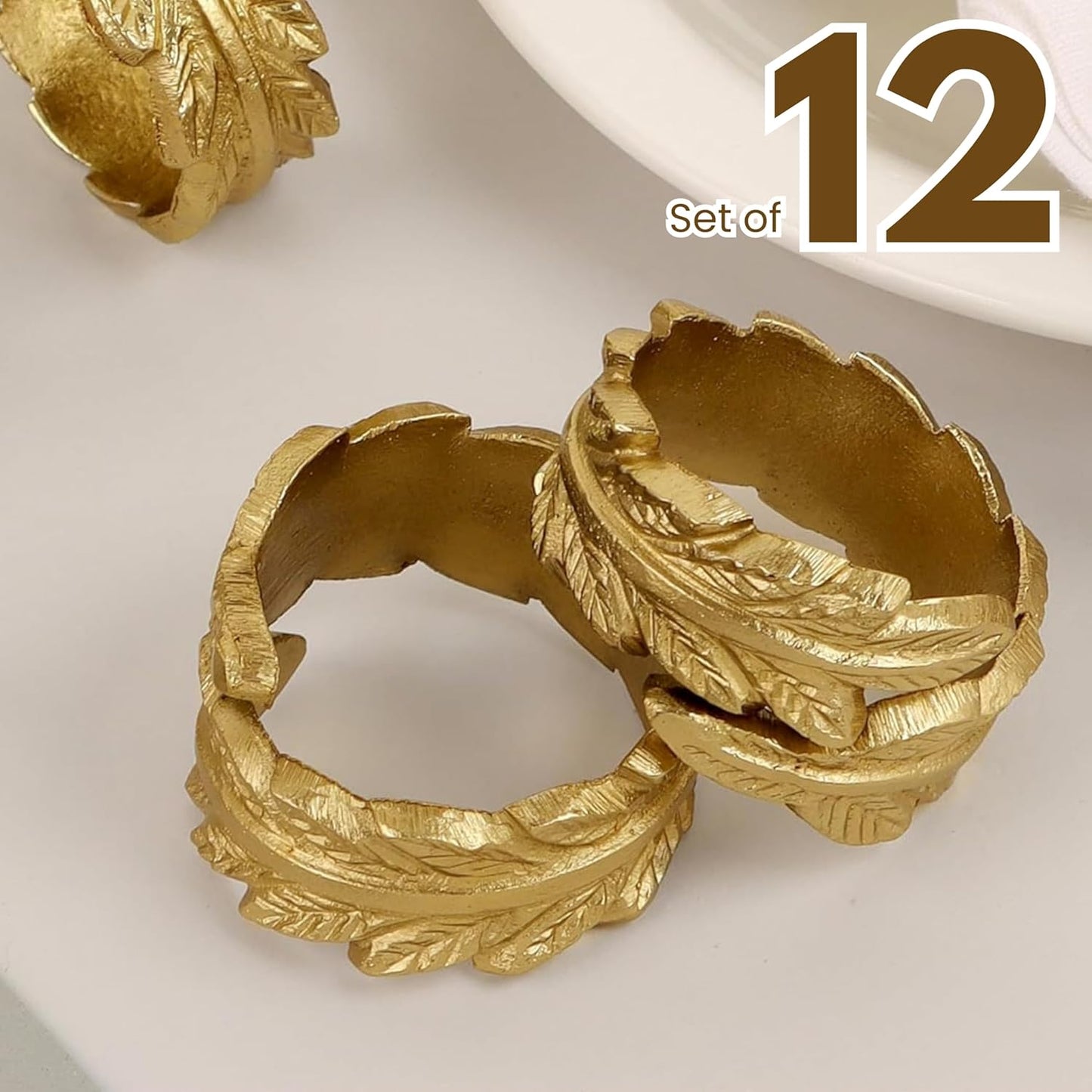 Gold Leaf Napkin Rings Set of 12 - Round Metal Napkin Holders for Dining Table Settings - Elegant Leaf Design for Weddings, Parties, Holiday Décor, Family Dinners & Special Occasions - CLEENTABLE