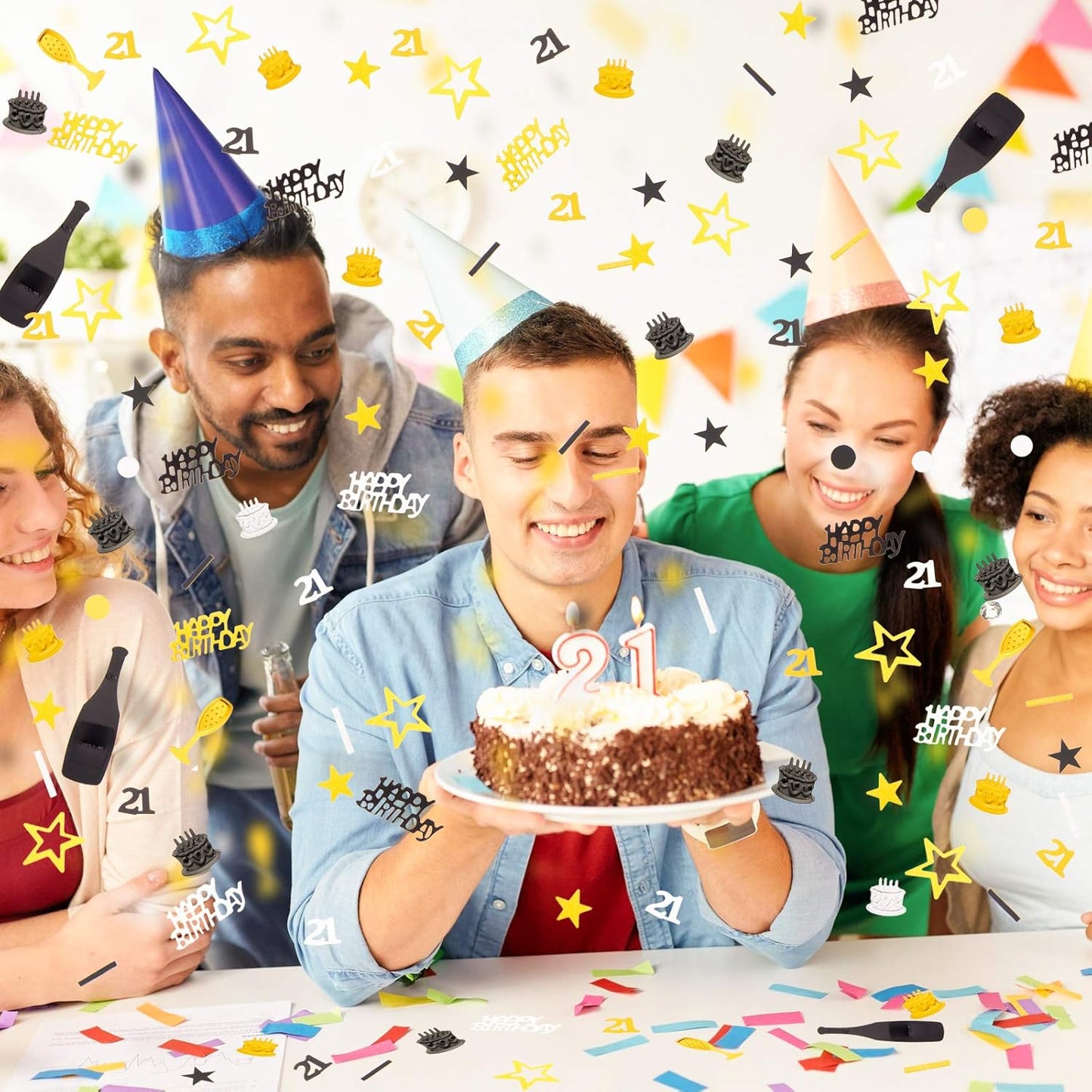 Sumind 3000 Pcs 21st Birthday Metallic Foil Confetti Table Scatter Decorations for Birthday Party DIY Arts and Crafting, Gold, Black and Silver