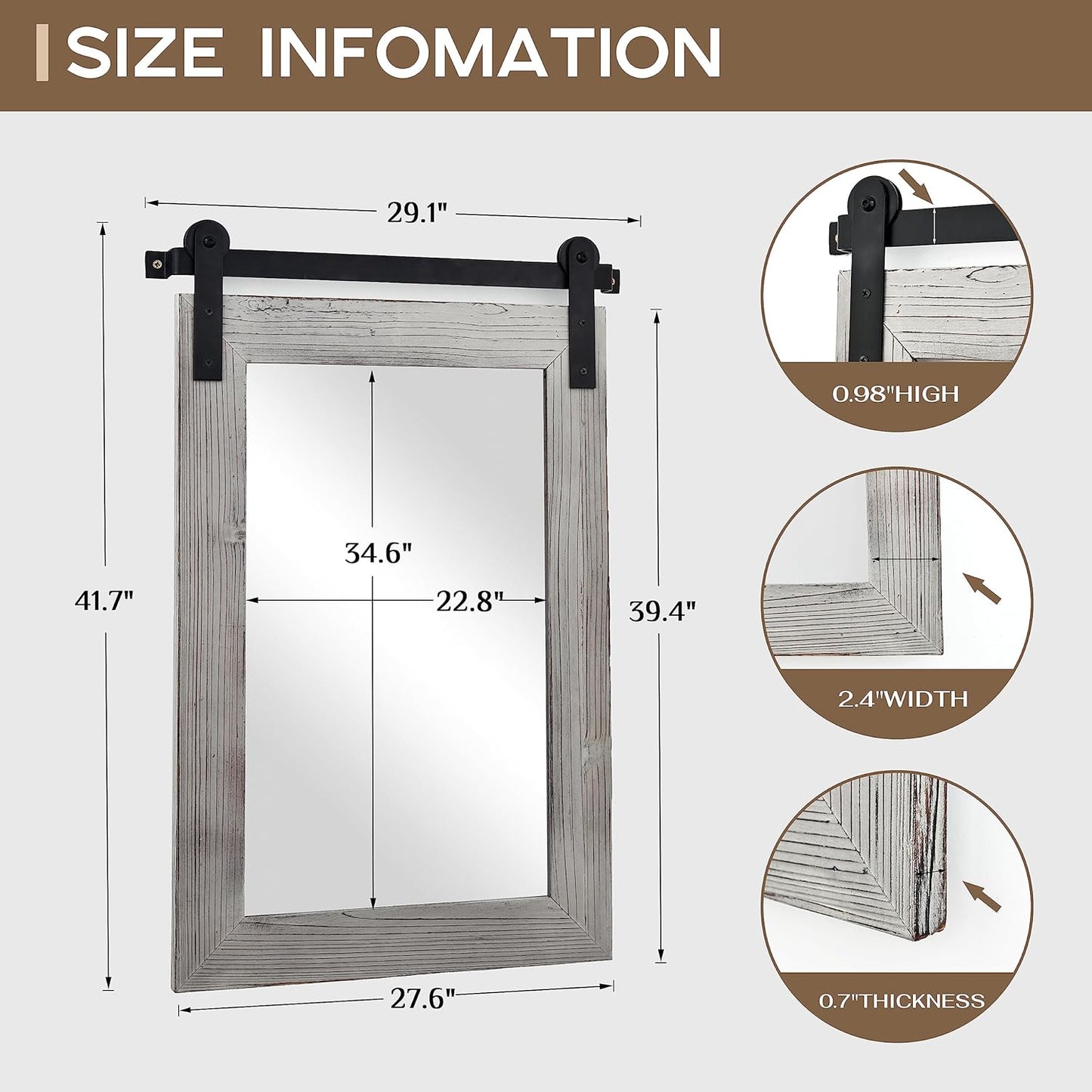 COGOOD Farmhouse Bathroom Mirror - 42 x 29 Rustic Barn Door Style Mirror for Living Room, Entryway, Vanity Wall Decor (Grey)