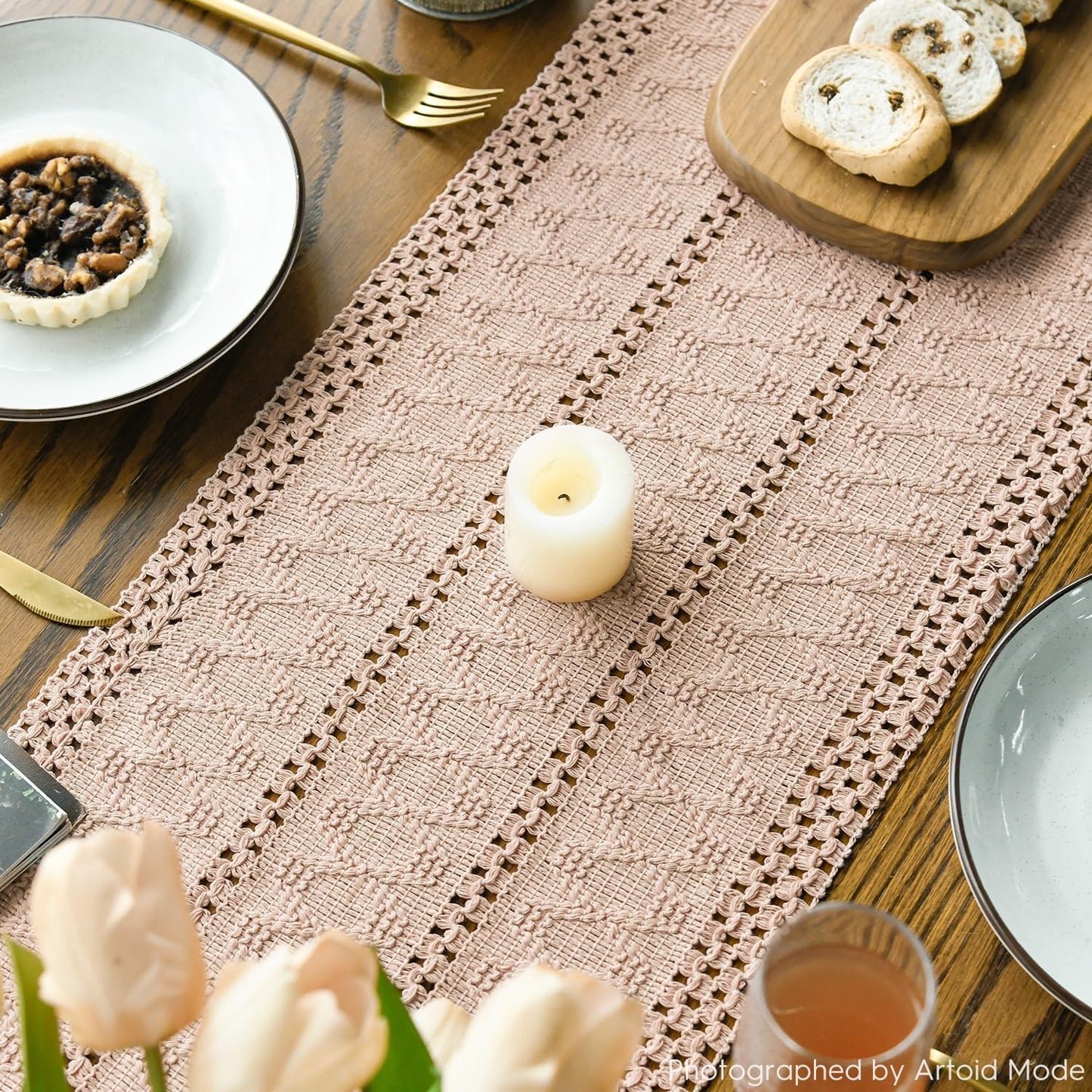 Artoid Mode Pink Farmhouse Woven Rustic Hollow Table Runner, Seasonal Holiday Hollow Kitchen Dining Table Decoration for Home Party Decor 12x72 Inch