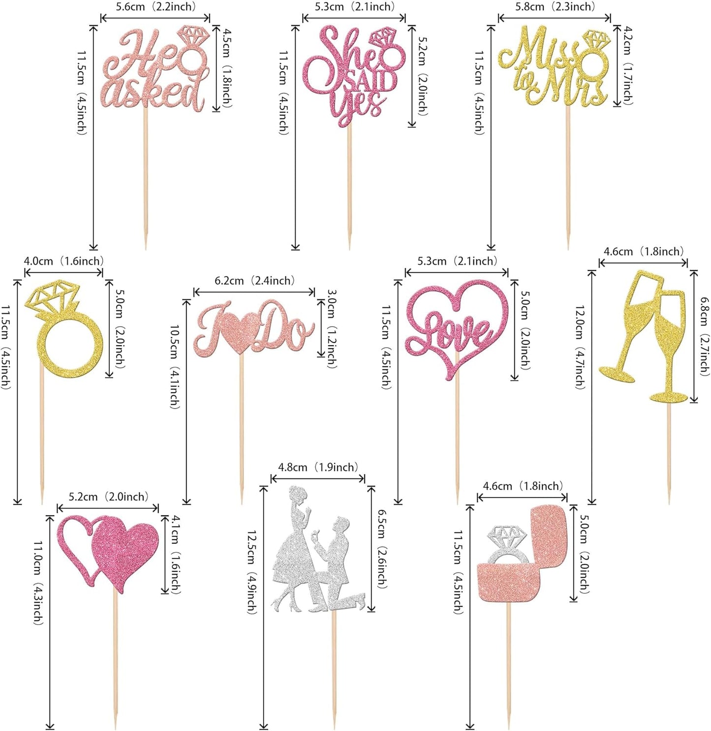 30 PCS He Asked She Said Yes Cupcake Toppers Glitter Miss to Mrs I Do Love Heart Ring Cupcake Picks Wedding Engagement Cake Decorations for Wedding Engagement Bridal Shower Party Supplies Colorful