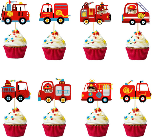 24pcs Fire Truck Cupcake Toppers Bear Firefighter Fire Truck Birthday Decorations Fireman Birthday Party Decorations