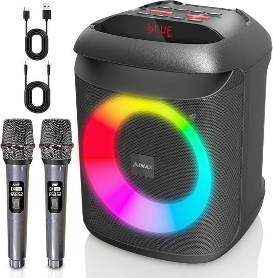 AIMAX Karaoke Machine with Bluetooth and Two Wireless Microphones, Portable Speaker for Home & Outdoor Parties, 7-Hour Battery Life, Mic/AUX/USB/TF Support, Perfect for Kids & Adults Singing