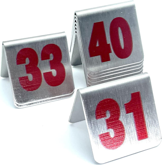 10 Pcs Metal Place Cards Stackable Tent Style Table Numbers，Place Card Holders for Celebration Wedding Party Restaurants Cafes Bars Gatherings meeting Room Board Game Serial (Small 31-40, Red)