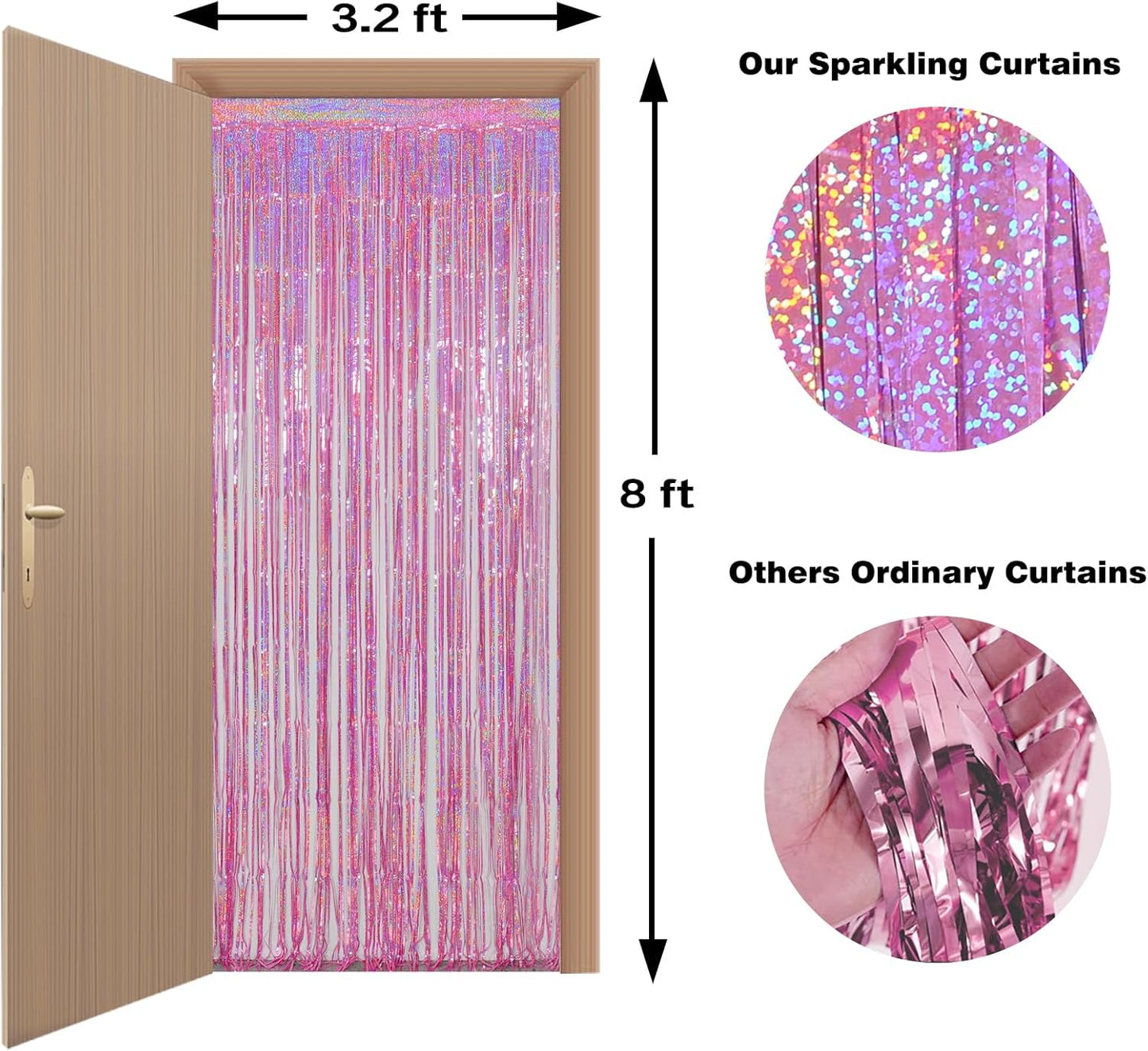 Melsan 3 Pack 3.2 x 8.2 ft Foil Fringe Curtains - Pink Tinsel Curtain Unicorn Birthday Hello Kitty Birthday Decorations Photo Backdrop for Party Decoration Engagement or Bachelorette Party Supplies