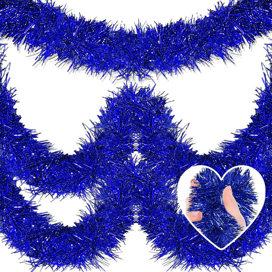 25 Feet Metallic Twist Tinsel Garland Backdrop for Parade Floats, Christmas Eve, New Year, Valentine's Day Party Decorations (Blue, 4in x 25ft)