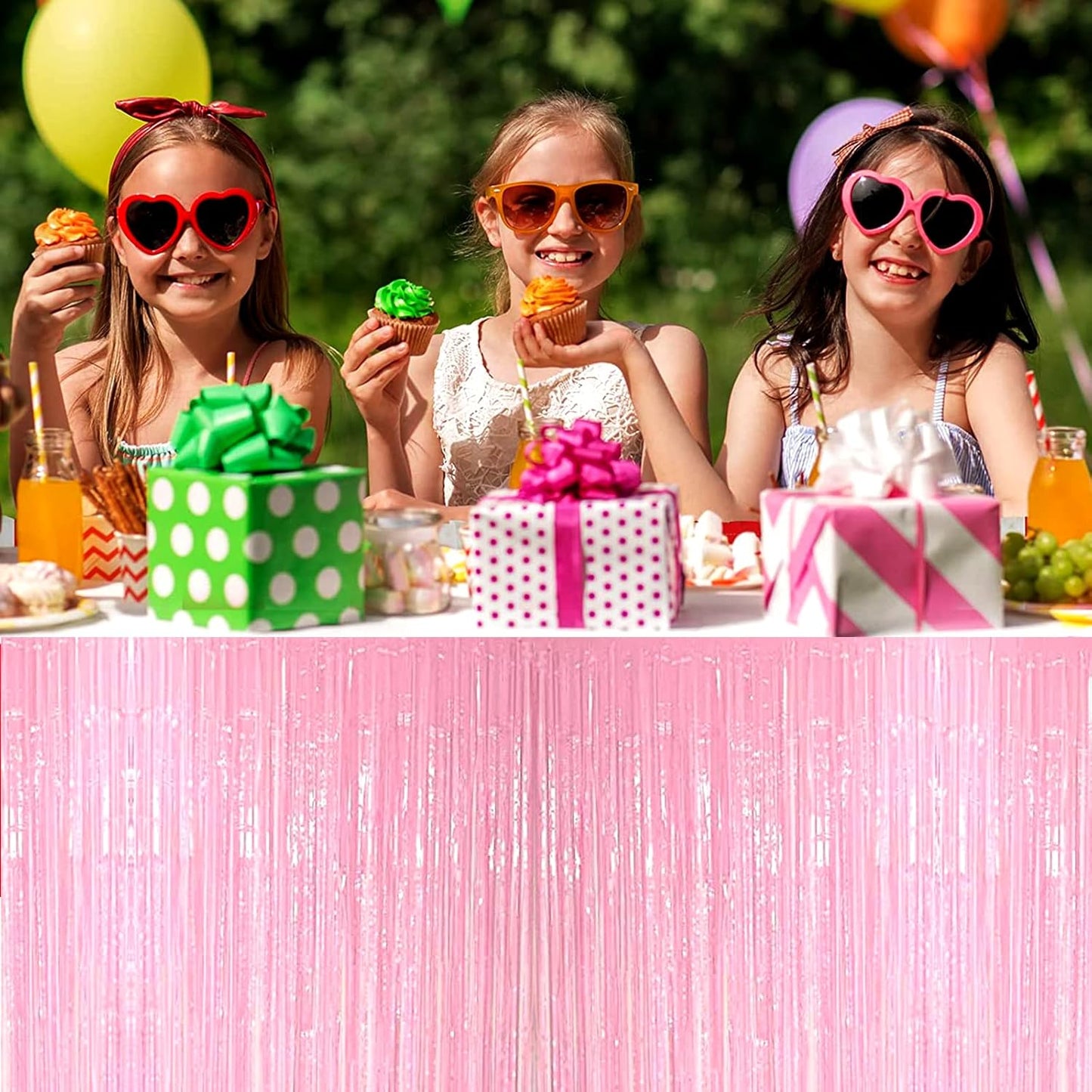 4 Pack 29x108 Inch Metallic Foil Fringe Tinsel Table Skirts for Rectangle Tables Streamer Backdrop for Wedding, Birthday, Parade Floats, Christmas, Halloween Party Decoration(Macaron Pink)