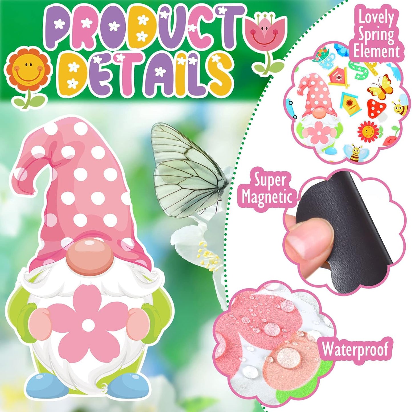 25 Pcs Hello Spring Magnet Car Decorations Colorful Waterproof Flowers Automotive Magnet Stickers Refrigerator Bee Butterfly Gnome Magnets Home Decor Party Supplies for Cars Office Whiteboard