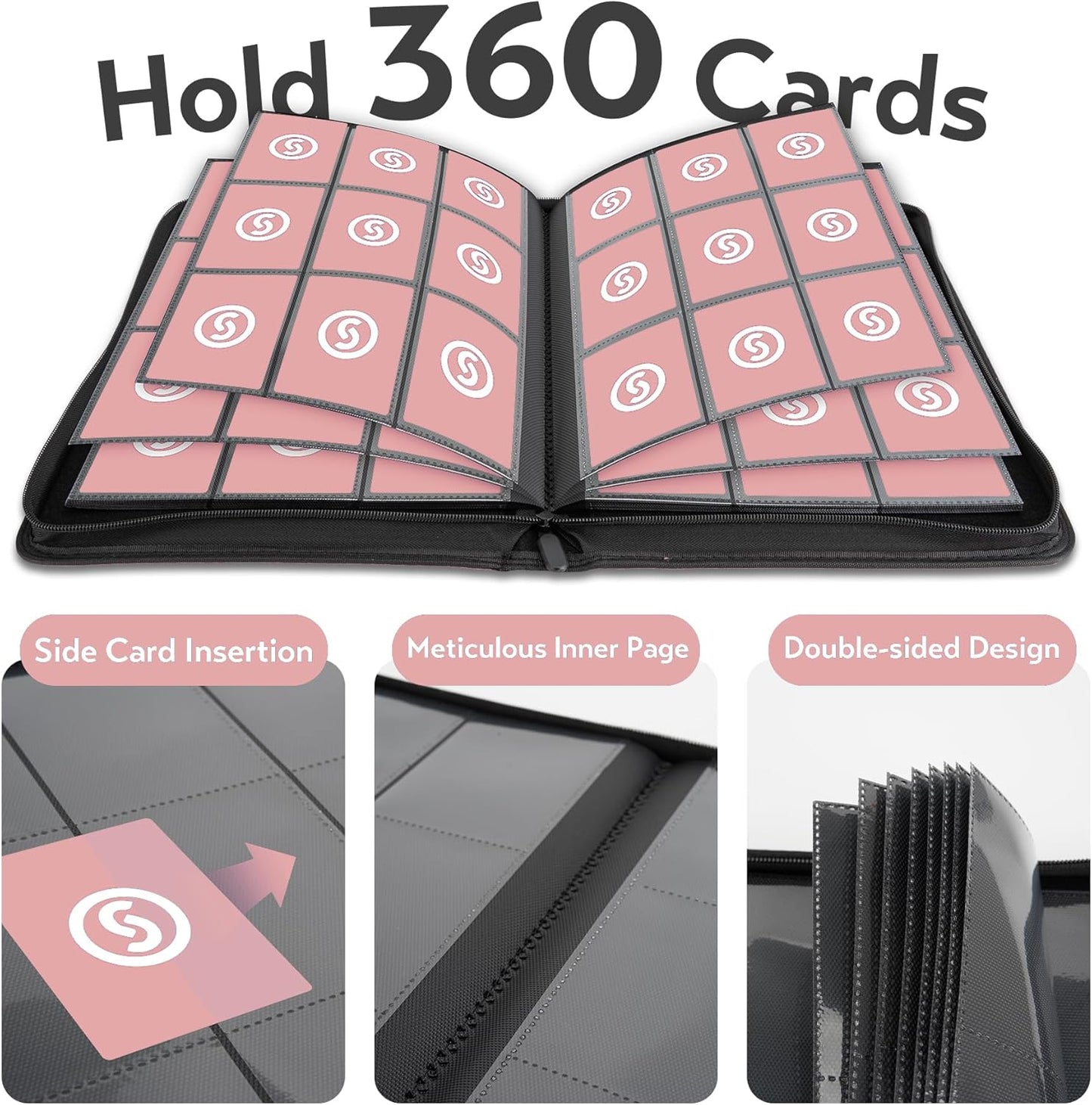 Card Binder 9 Pocket for 360 Cards - Premium Trading Card Binder with Sleeves Protection, Side Loading Card Collection Binder for TCG, MTG, YGO, One Piece Collectible Cards (Pink)
