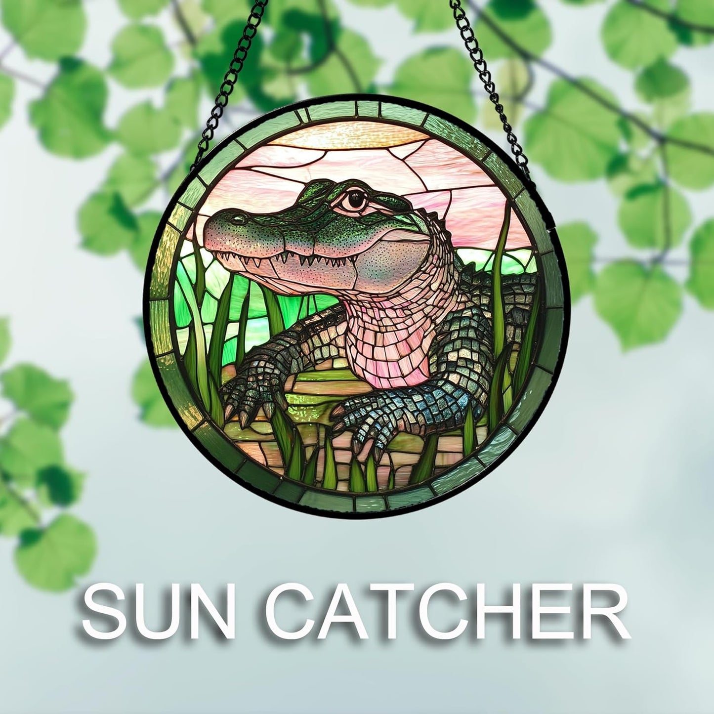 Stained Glass Window Hanging 4 Pcs Set Cute Animal 9.8"- Green Plant Pink Suncatcher Door Garden Sun Catcher Decor Birthday Christmas for Mom Woman Nana Men Friend