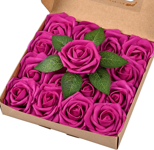 BLEUM CADE 16Pcs Artificial Flowers Fake Roses with Stems, Rose Red Boxed Foam Roses for DIY Bouquets Centerpieces Wedding Party Arrangement Bridal Shower Decor