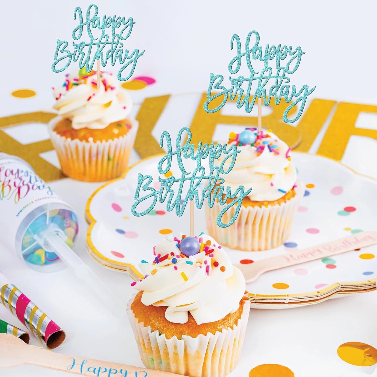 24 PCS Happy Birthday Cupcake Toppers Glitter Picks for Celebrating Anniversary Theme Party Cake Decorations Supplies Light Blue