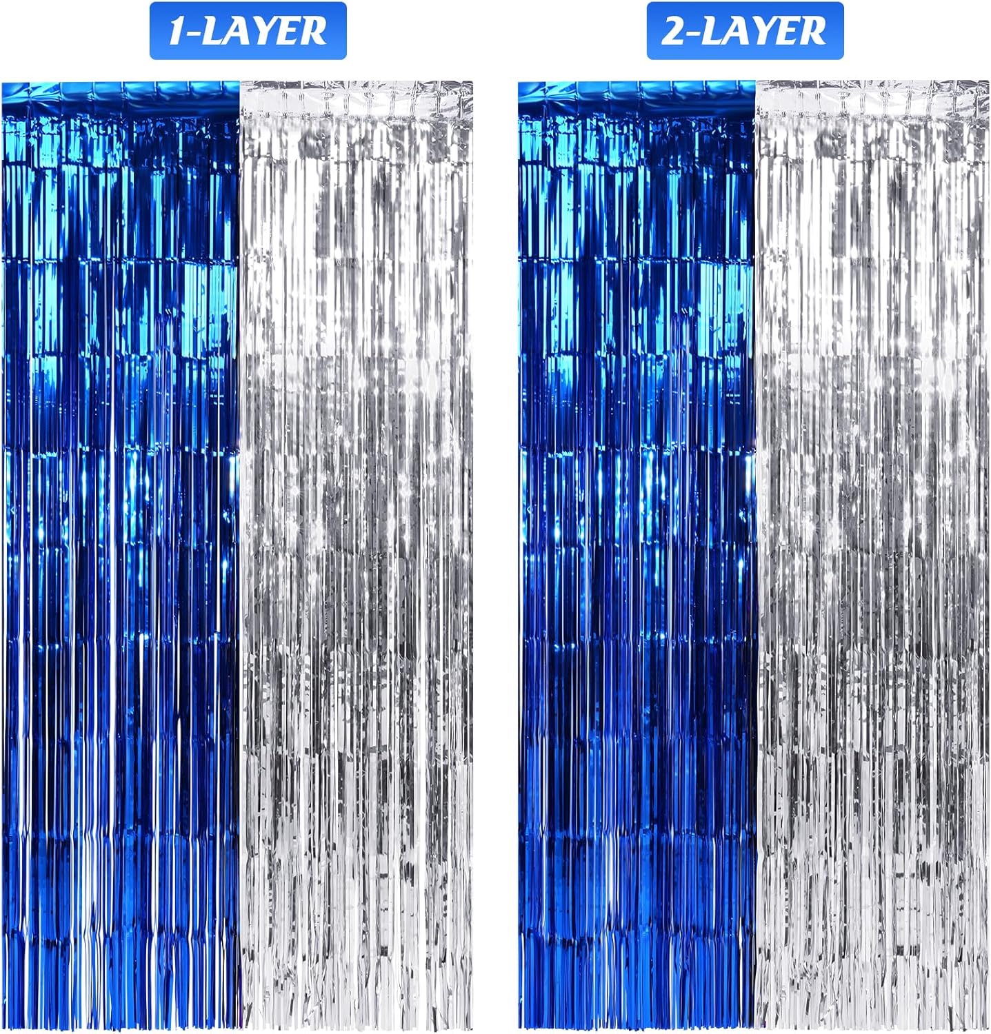 3Pack 3.3Ft x 6.6Ft Graduation Foil Fringe Curtain Backdrop Decorations, Blue Silver Metallic Tinsel Foil Streamers Curtain Photo Booth Background for Graduation Prom Wedding Birthday Party Decoration