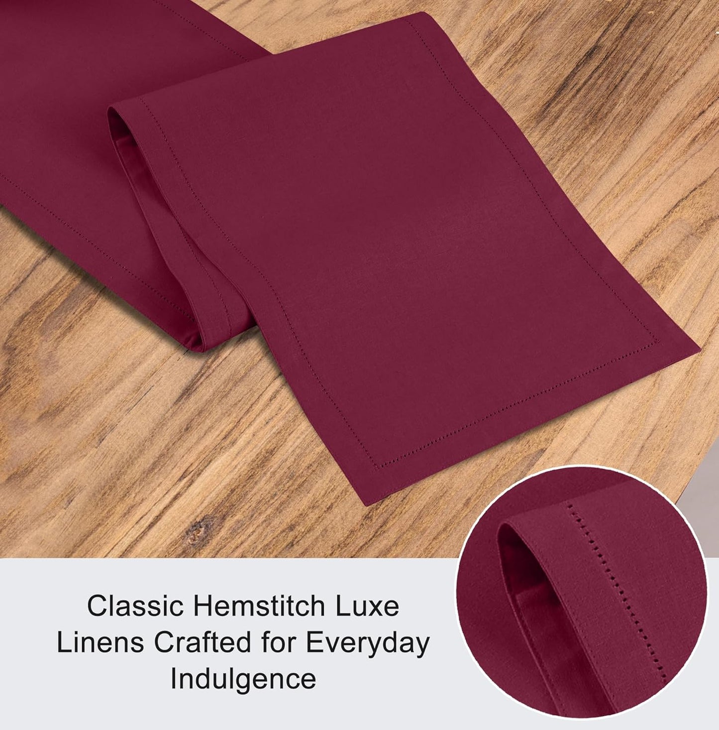 Ruvanti Linen Table Runner 120 Inches, Classic Hemstitch, Washable, Reusable, Non-Slipping, Stain Resistant- Perfect for Parties, Weddings, Dinners, Thanksgiving, Christmas, Indoor use – Burgundy