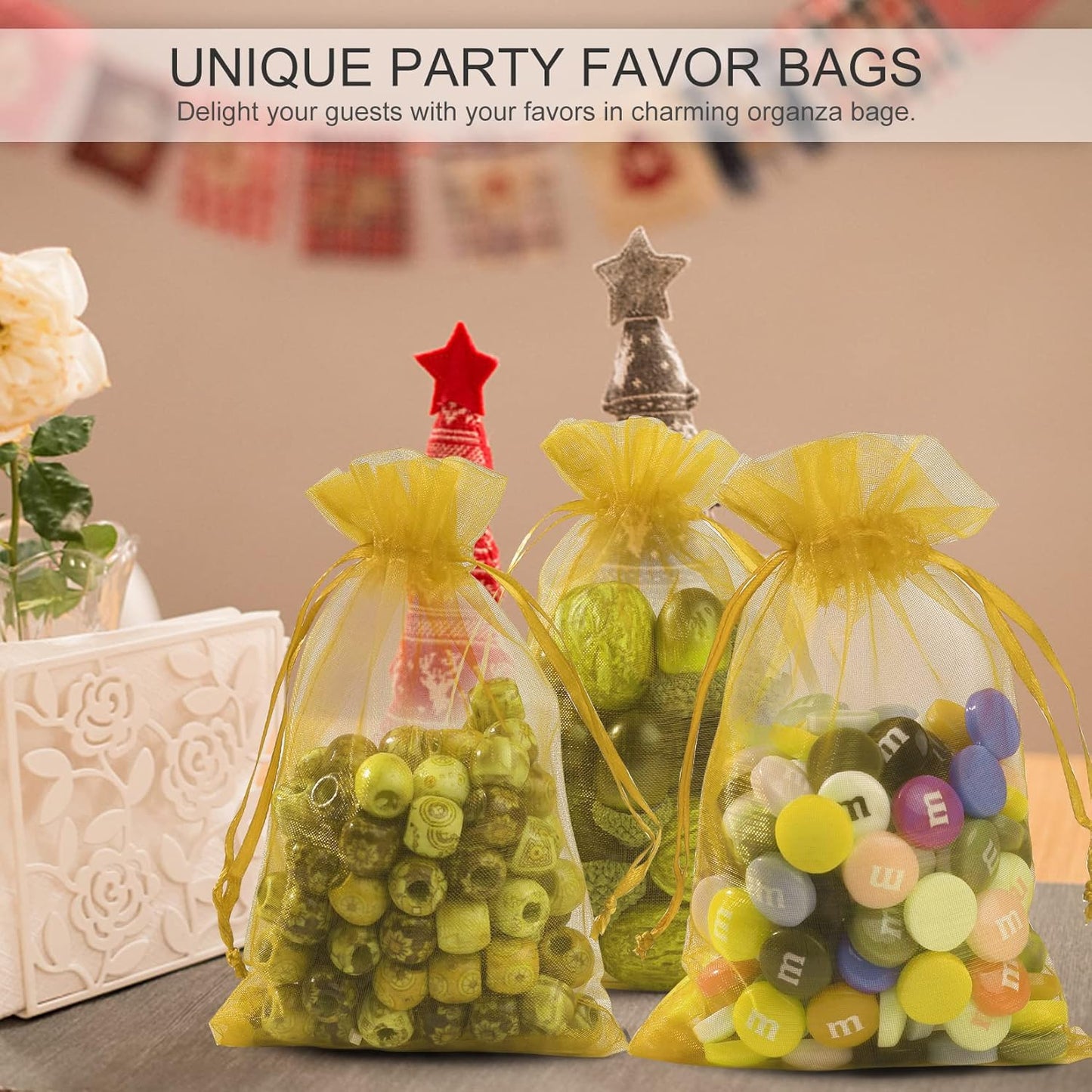 ANZNKU 100 Pack Organza Bags, 4 x 6 inch Small Premium Golden Favor Bags with Drawstring, Sheer Jewelry Mesh Bag, Mesh Gift Bag for Wedding Party Christmas