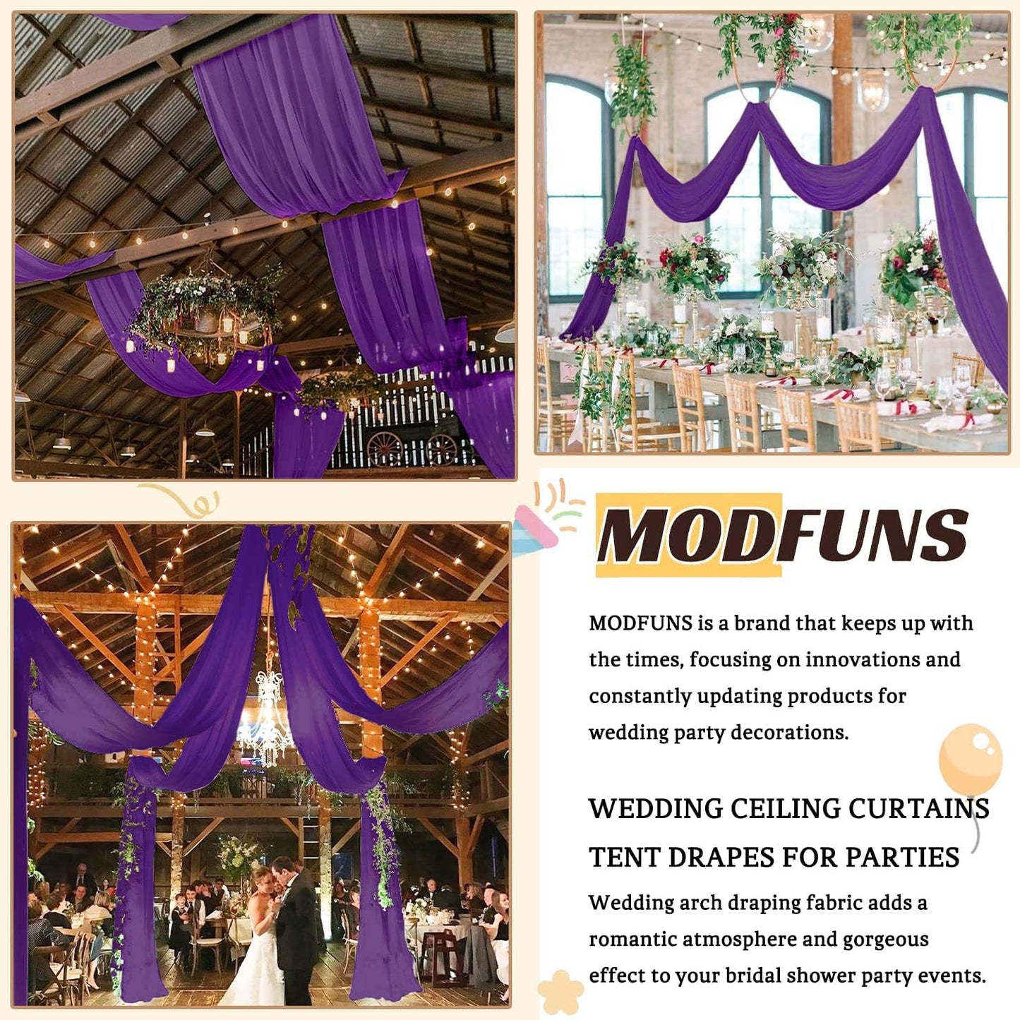 MODFUNS Wedding Ceiling Drapery Purple 5x30FT 2 Panels Sheer Wedding Arch Drapes Chiffon Fabric Ceiling Curtains Drapes for Party Tulle Backdrop Curtains Birthday Banquet Arch Draping