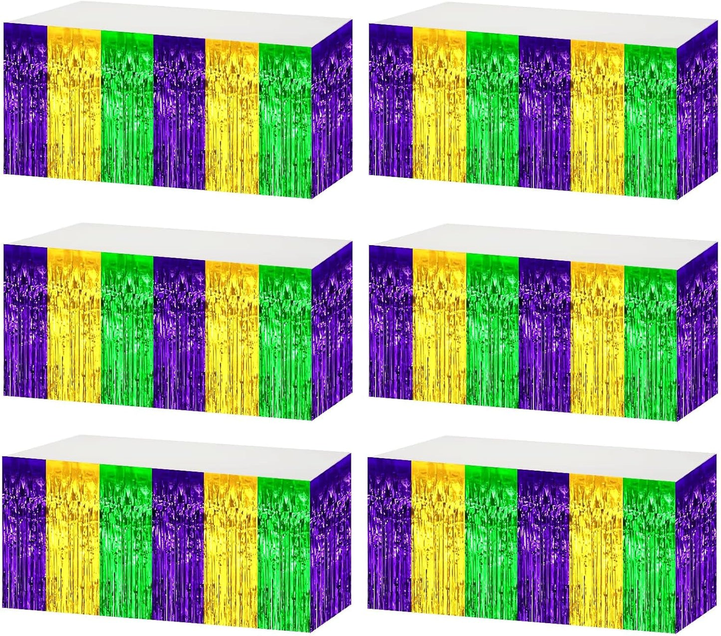 6 Pack 29x108 Inch Mardi Gras Metallic Foil Fringe Tinsel Table Skirts for Rectangle Tables Streamer Backdrop for Wedding, Birthday, Parade Floats, Carnival Party Decoration Gold Green Purple