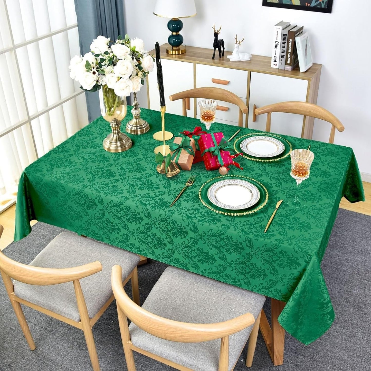 Christmas Green Square Jacquard Tablecloth, Damask Table Cloth, Spill Proof Wrinkle Resistant Tablecloths, Soft Polyester Oblong Table Cover for Holiday,Winter,Kitchen,Parties (Green, 52X52")