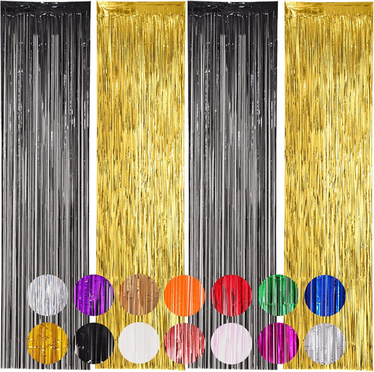 4 Pack Black and Gold Foil Fringe Backdrop Curtains, Tinsel Streamers Birthday Party Decorations, Fringe Backdrop for Graduation, Baby Shower, Gender Reveal, Disco Party