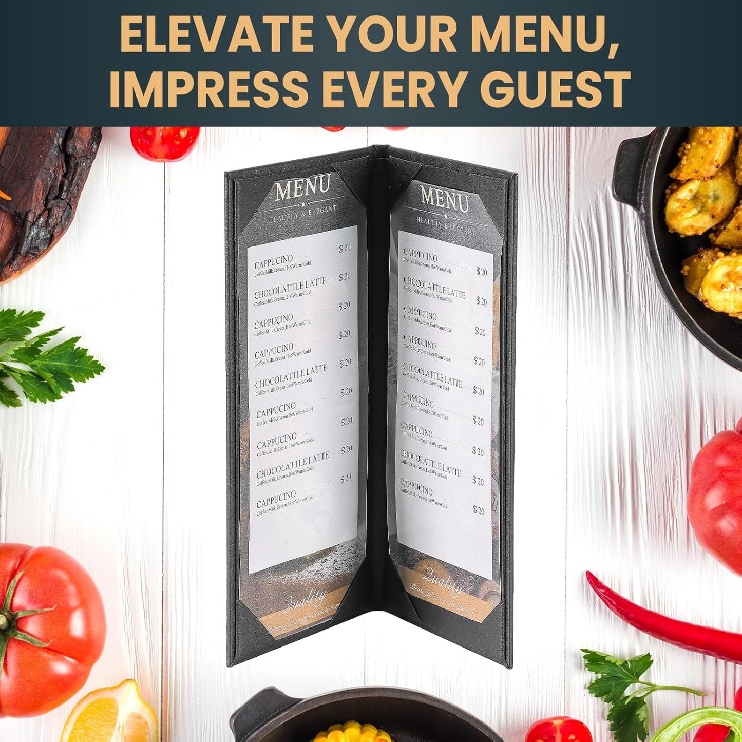 12 Pack 2 View Menu Holder Menu Covers 4.25" x 11" | Black Leather Menu Sleeves Book Style for Restaurant Coffee Bars Wine List