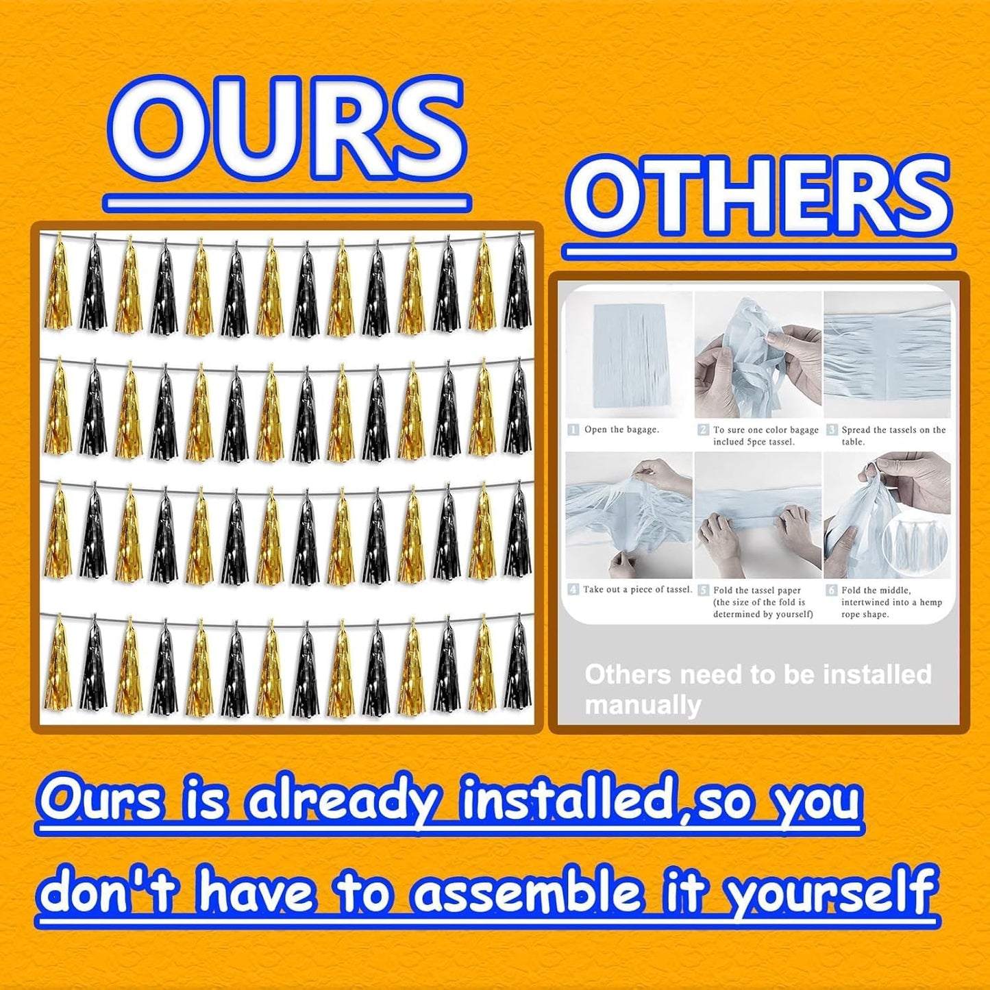 4P Black Gold Foil Fringe Tassel Banner Garland Metallic Tinsel Streamers Wall Hanging Curtain Backdrop Banner for Parade Floats, 2025 Graduation Decorations, Father's Day, New Years Party Decoration