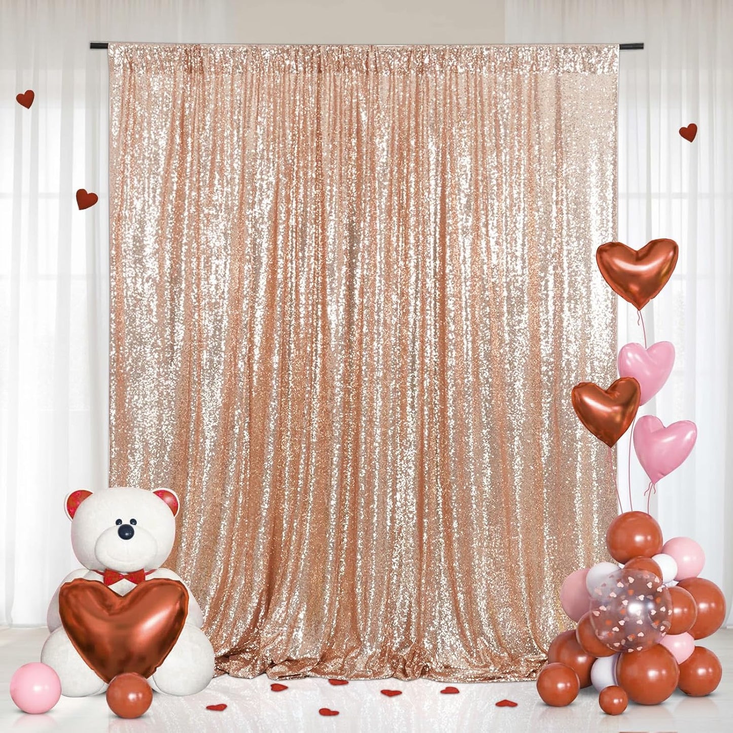 Eternal Beauty Rose Gold Sequin Backdrop, 8x10 Ft Glitter Background Curtains for Shimmer Photography Party Wedding Birthday Back Drop Decor