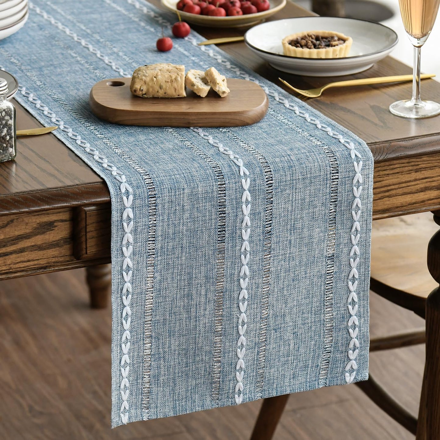 Artoid Mode Dusty Blue Cotton Linen Table Runner, Seasonal Rustic Embroidered Hollow Kitchen Dining Table Decoration for Home Party Decor 13x108 Inch