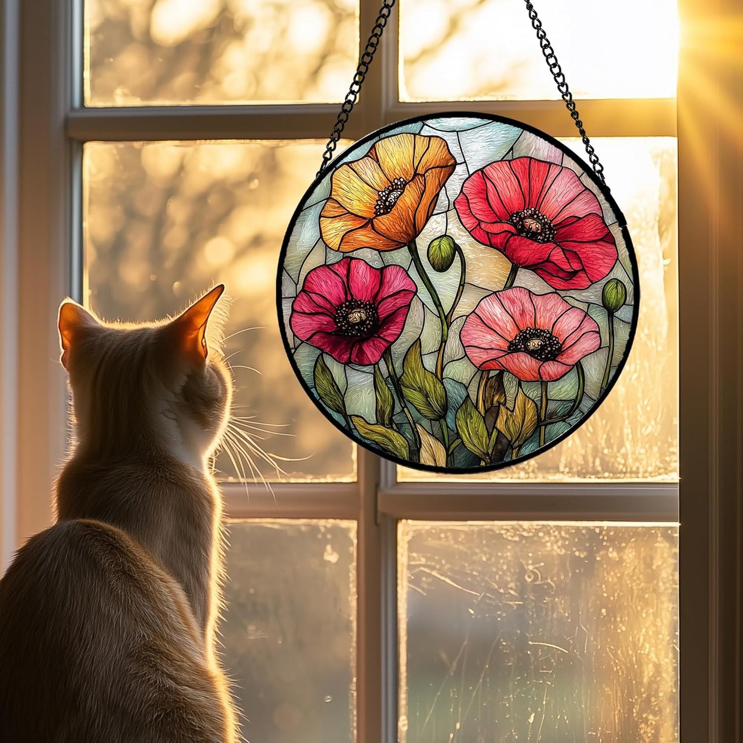 Stained Glass Suncatcher, Red Orange Poppy Flowers Sun Catcher Silver Background Wildflowers Window Hanging Decor Christmas Mother Birthday Gifts for Women Men Mom Nana 7.8 in