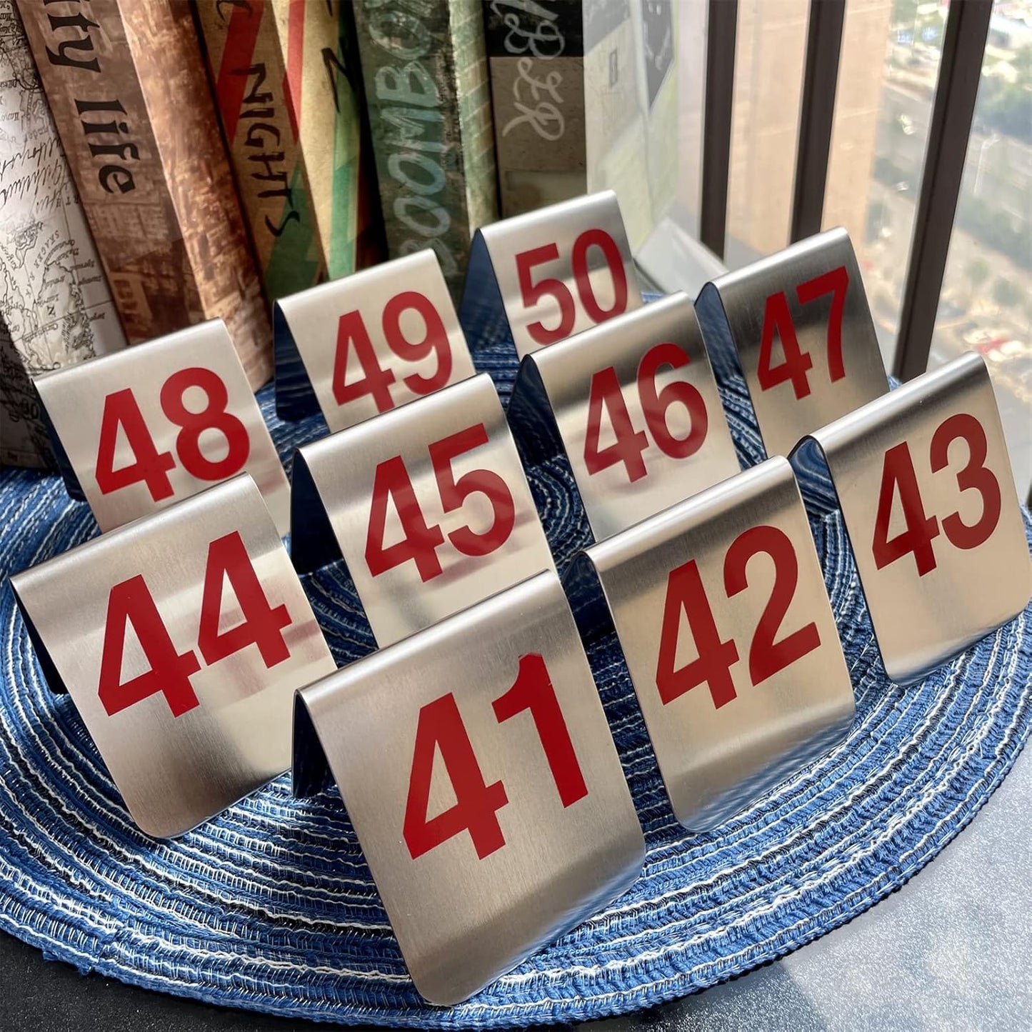 10 Pcs Metal Place Cards Stackable Tent Style Table Numbers，Place Card Holders for Celebration Wedding Party Restaurants Cafes Bars Gatherings meeting Room Board Game Serial (Medium 41-50, Red)
