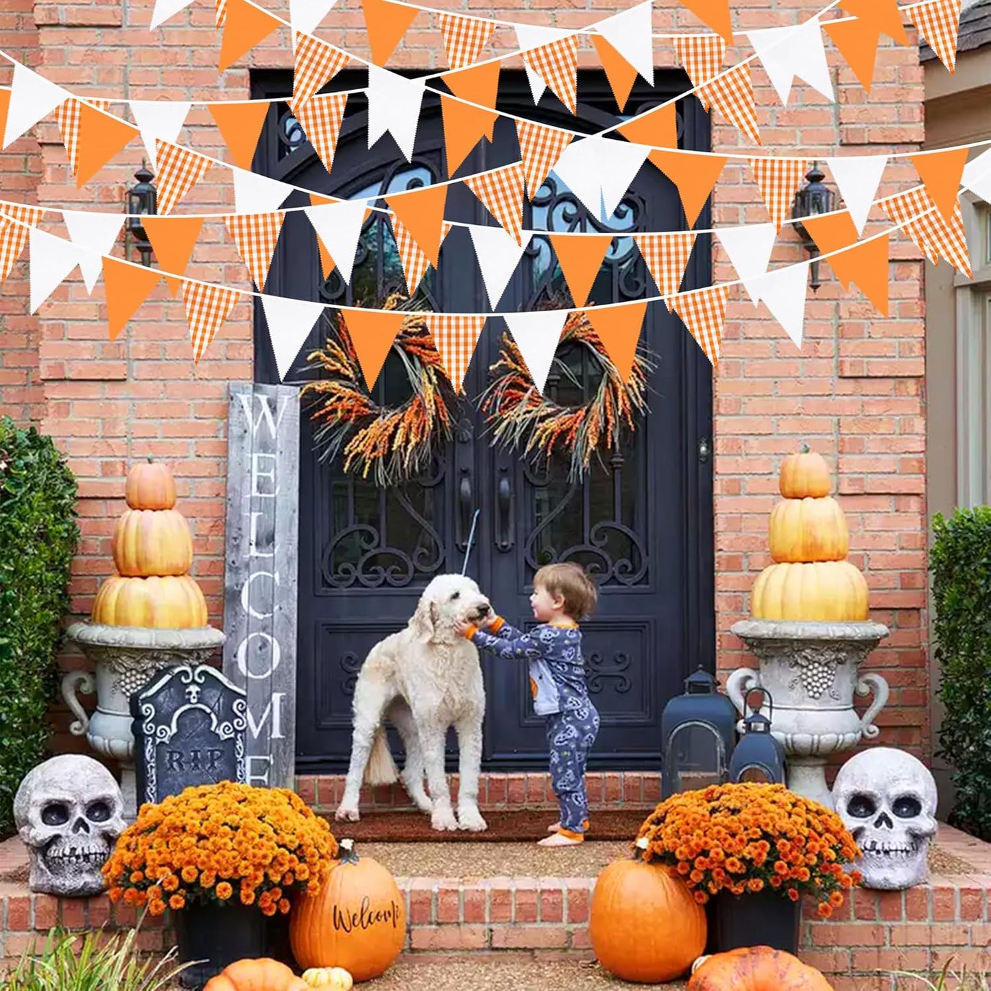 32Ft Orange Party Decorations Orange Buffalo Plaid Checkered White Triangle Flag Gingham Pennant Bunting Fabric Garland Streamers for Fall Autumn Wedding Birthday Thanksgiving Picnic Garden Decor