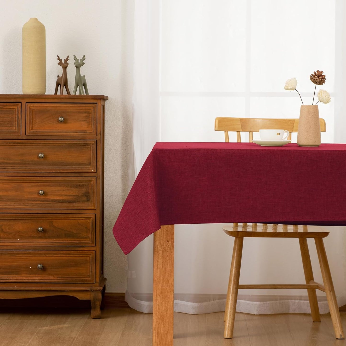 Hiasan Faux Linen Rectangle Tablecloth - Wrinkle and Stain Resistant Washable Table Cloth for Kitchen Dining Room Holiday Table Cover for Dinner, Red, 60 x 84 Inch