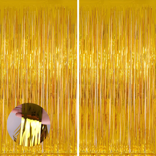 Keyali 2 Pack 3.3 * 8.3 ft Foil Curtain Metallic Tinsel Fringe Curtains Photo Booth Props Backdrop for Birthday Wedding Engagement Baby Shower Christmas Holiday Celebration Partyl,Gold
