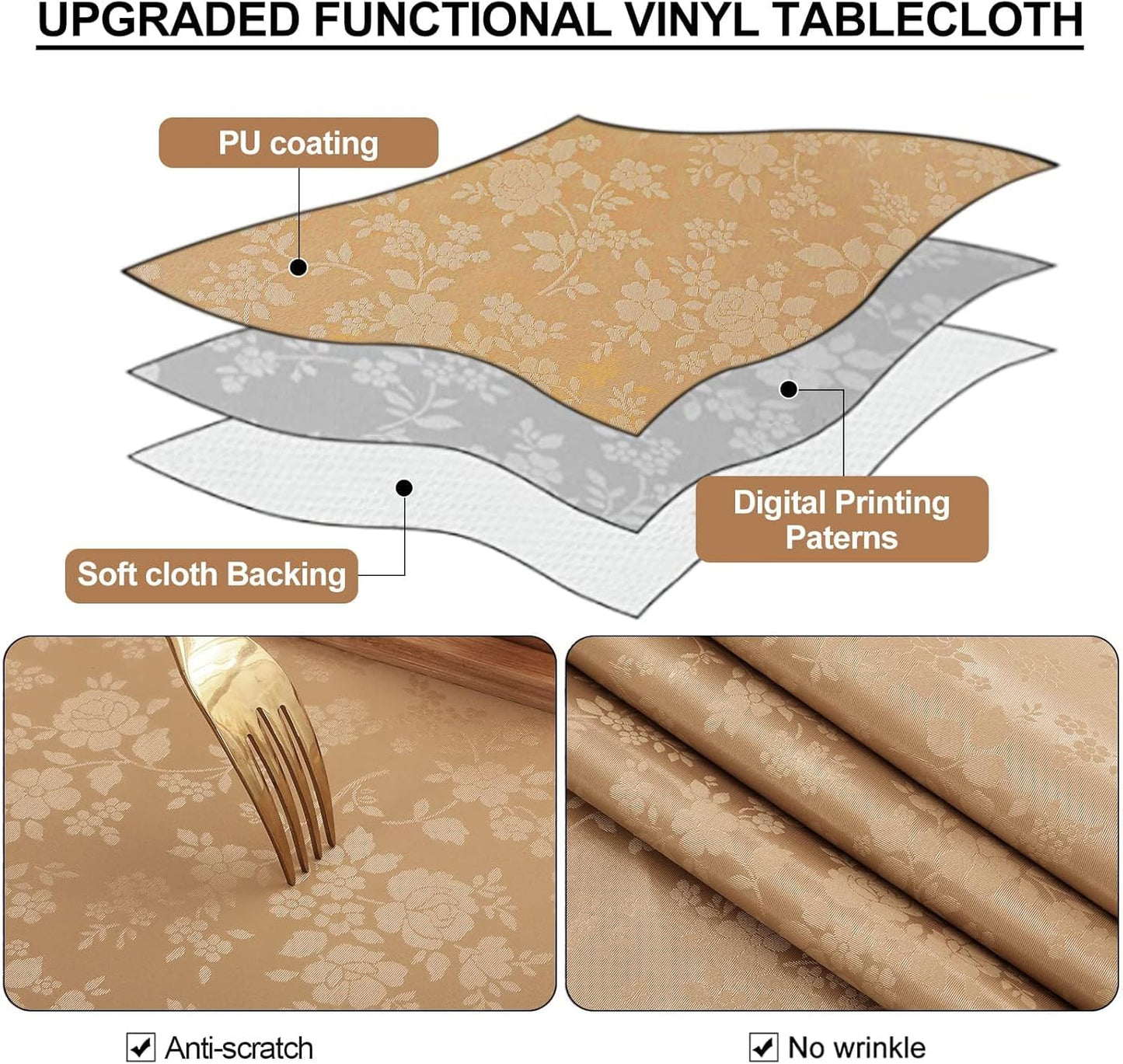 Smiry Rectangle Table Cloth, Waterproof Heavy Duty Vinyl Tablecloths, Wipeable Washable Table Cover for Kitchen and Dining Room (Brown, 60" X 140")