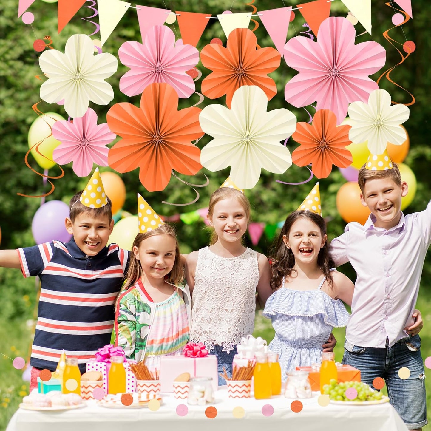 Pink and Orange Party Decorations - Orange Birthday Decoration for Women Girls with Hanging Paper Flowers, Tassel Garland and Swirls, Baby Showers Bachelorette Party Supplies Classroom Decor