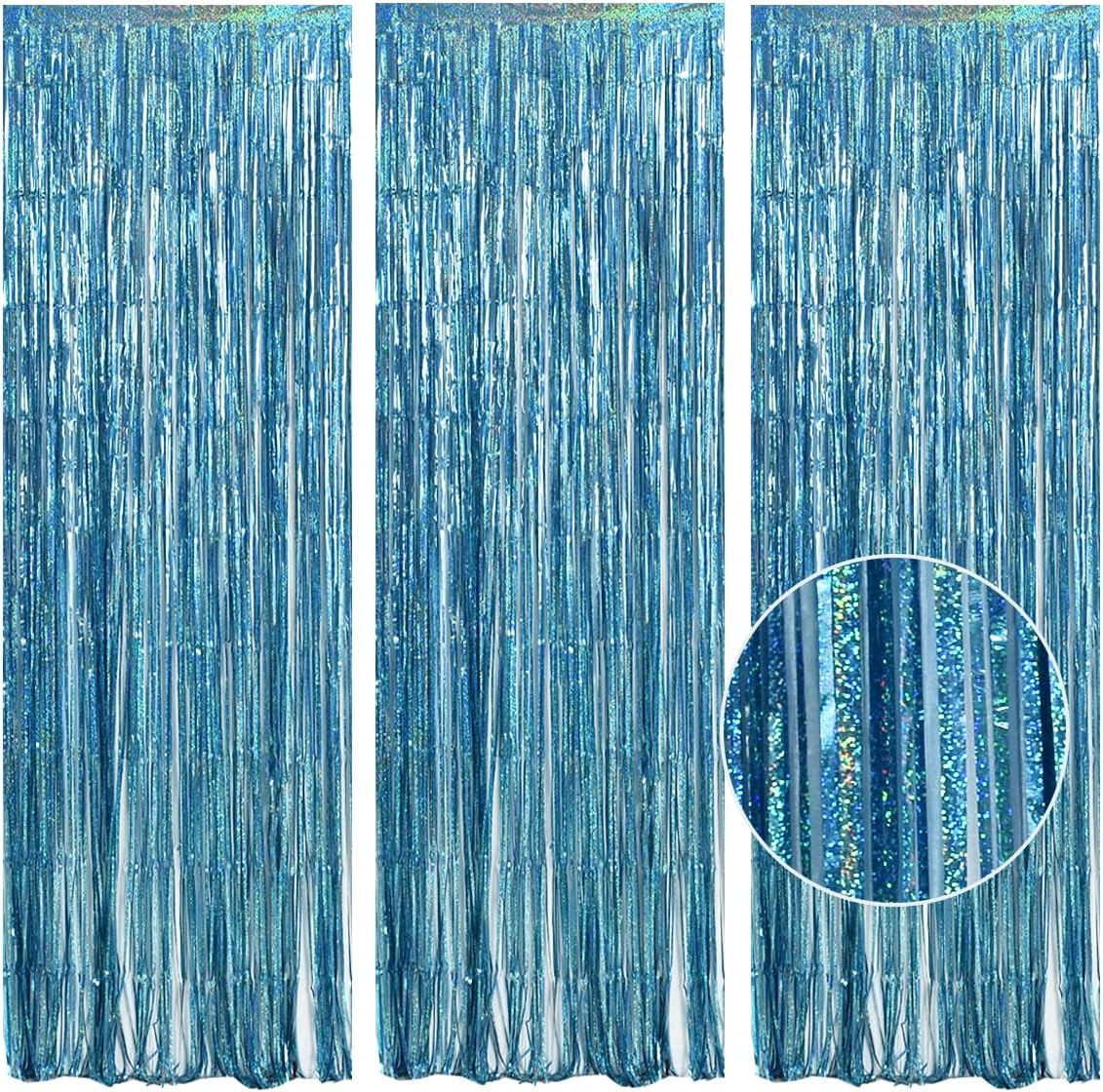 TONIFUL 3Pcs Laser Light Blue Door Streamers,Laser Blue Photo Booth Backdrop Metallic Streamers Blue Foil Fringe Curtains for Birthday,Christmas,New Year,Bachelorette,Grad Party Decor(9.9ft x 6.6ft)