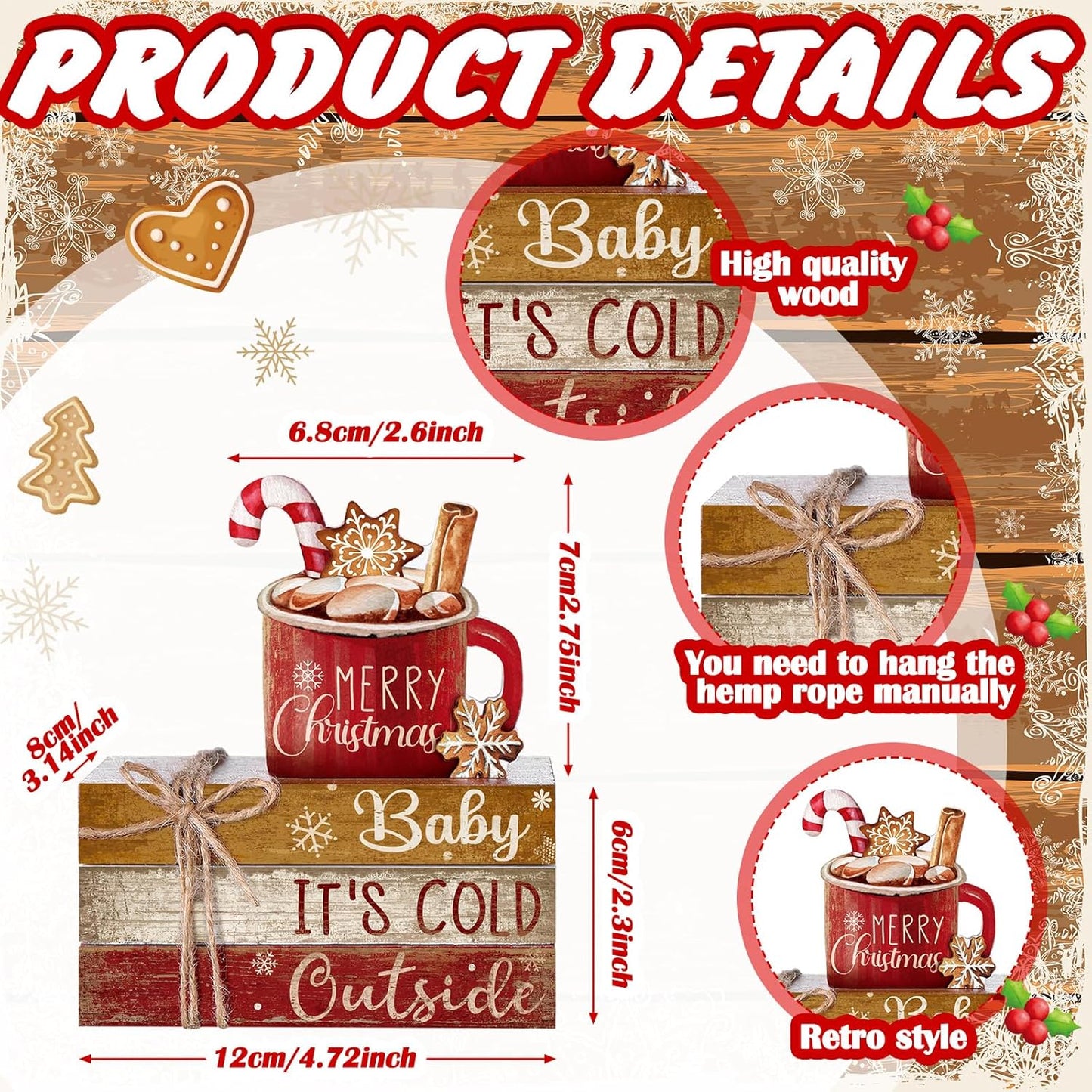 4 Pcs Christmas Table Decor Wooden Hot Cocoa Decoration Christmas Centerpiece Winter Tiered Tray Decor Decorative Red Hot Cocoa Block Signs Gift Farmhouse Xmas Decoration for Home Kitchen