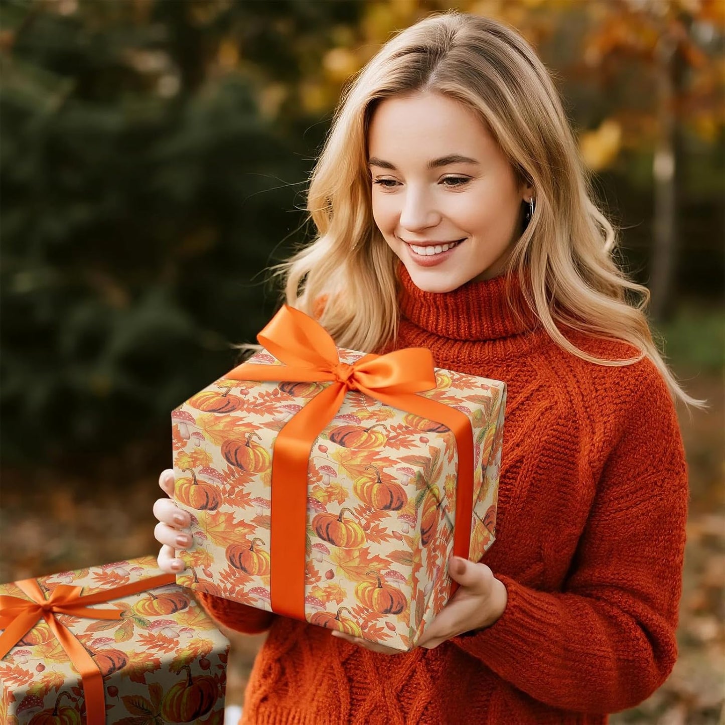 RUSPEPA Fall Wrapping Paper Roll, Mini Roll, Watercolor Pumpkin, Autumn Leaf and Mushroom Design, Autumn Kraft Gift Wrap Paper for Thanksgiving, Fall Party, Harvest, 17 Inches x 16.4 Feet