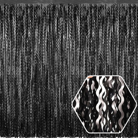 4 Pack Black Wave Foil Fringe Curtain Backdrop, 3.28Ft x 8.2Ft Metallic Tinsel Foil Fringe Streamer Curtains for Photo Booth, Mother's Day, Easter, Birthday, Wedding Party Decoration