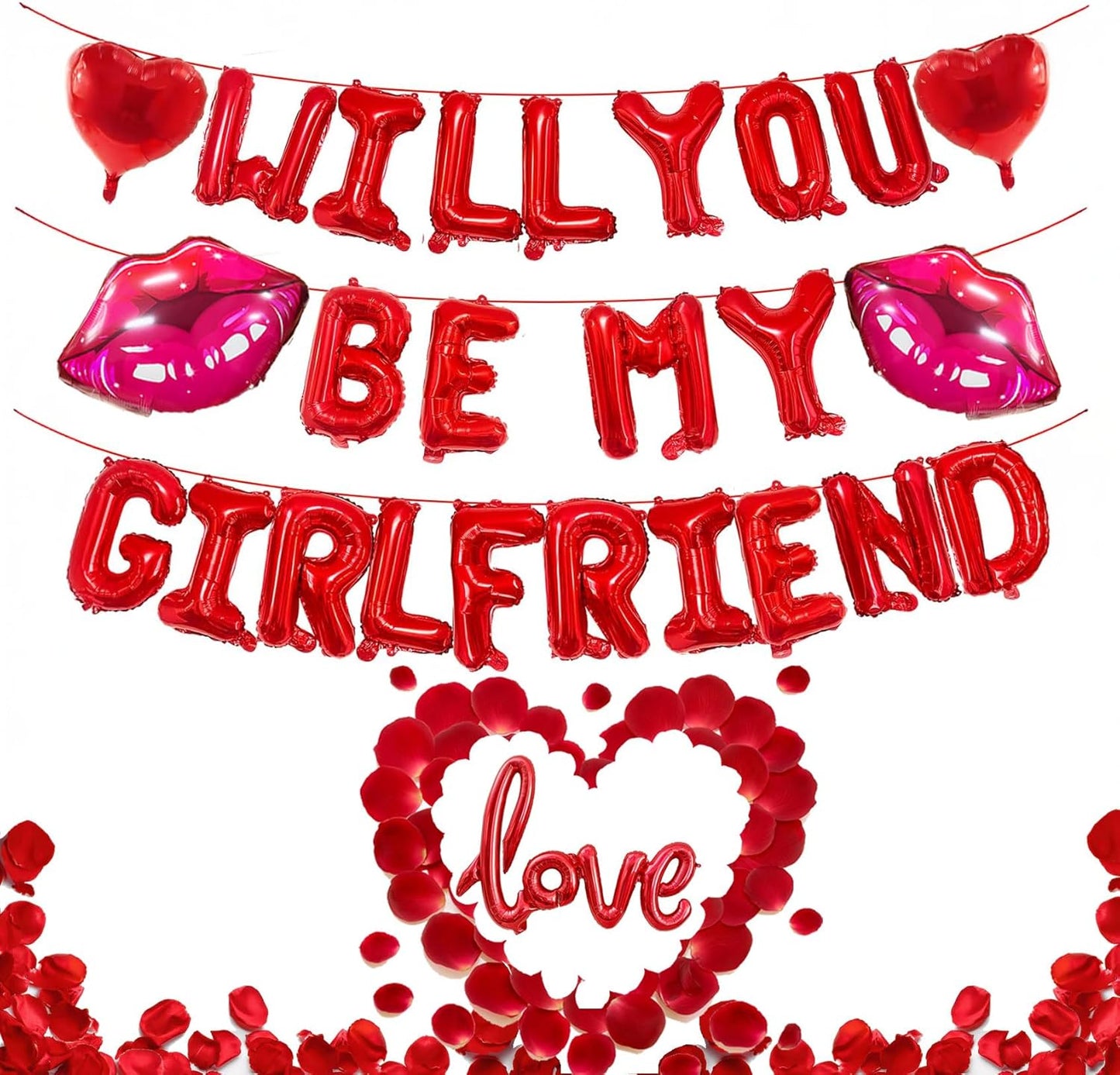 16 Inches Red 'WILL YOU BE MY GIRLFRIEND' Confession Letter Balloons with red balloons,Heart-Shape, lips, love Foil Balloons and Rose Petals for Romantic Special Night Decorations and Valentines Day